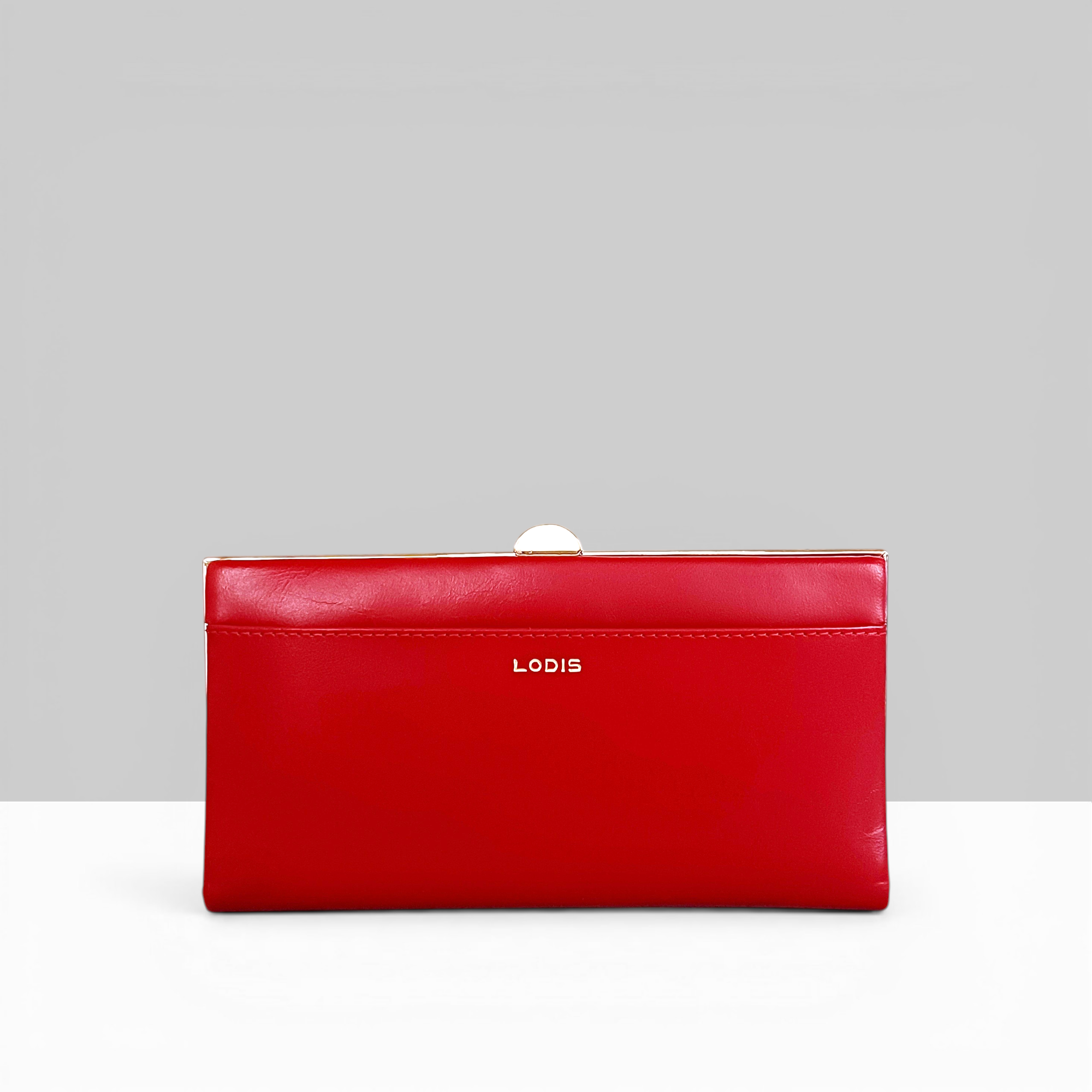 Overglow Clutch Frame Wallet in Rhythmic Red Patent Leather – Back View Showing Lodis White Logo Lettering and Frame Clasp Detail | Lodis 1965