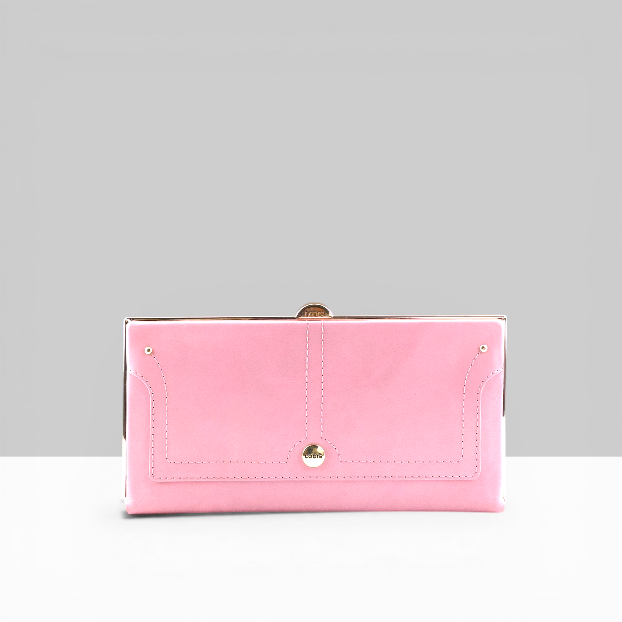 Overglow Clutch Frame Wallet in Fondant Pink Patent Leather – Front View with Gold Frame Clasp and Lodis Logo Detail | Lodis 1965