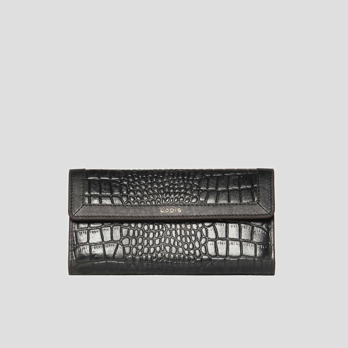 Lodis Amara Checkbook Clutch in Black - Front View, Black Glossy Croco-Embossed Leather Flap Wallet with Smooth Texas Leather Trim and Gold Foil Lodis Logo | Lodis 1965