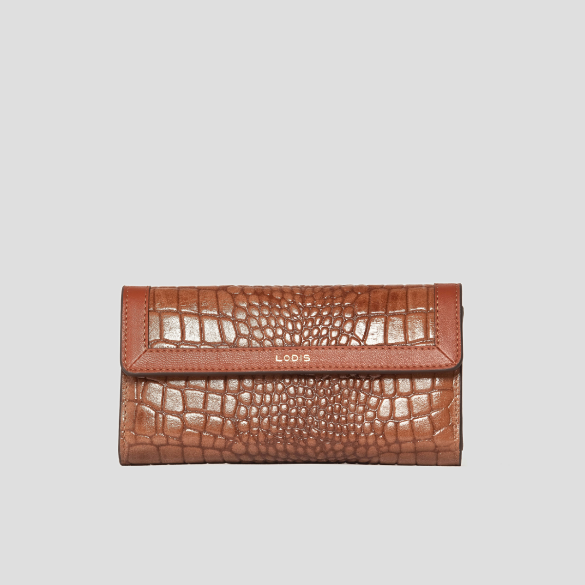 Lodis Amara Checkbook Clutch in Chestnut - Front View, Cognac Brown Glossy Croco-Embossed Leather Flap Wallet with Smooth Texas Leather Trim and Gold Foil Lodis Logo | Lodis 1965