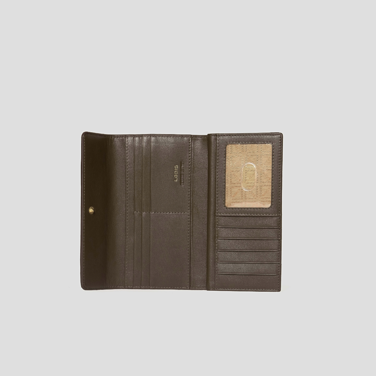 Lodis Amara Checkbook Clutch in Olivine - Interior View Open Showing Clear ID Window, Multiple Card Slots and Bill Compartments in Smooth Olive Texas Leather | Lodis 1965