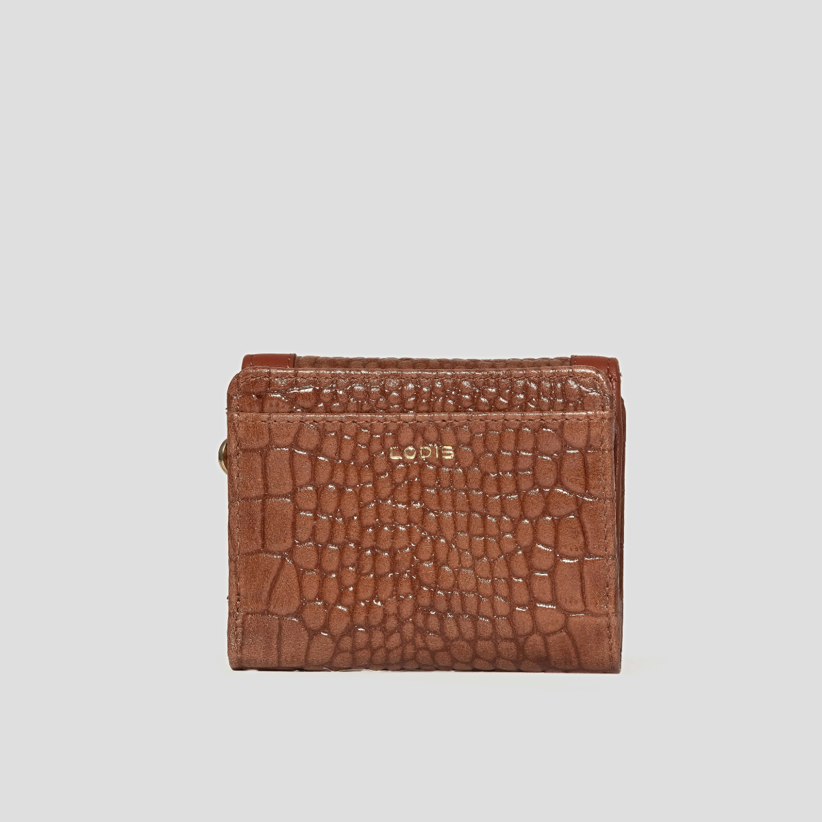 Lodis Amara French Purse in Chestnut - Back View Showing Glossy Croco-Embossed Cognac Leather and Compact Trifold Shape | Lodis 1965
