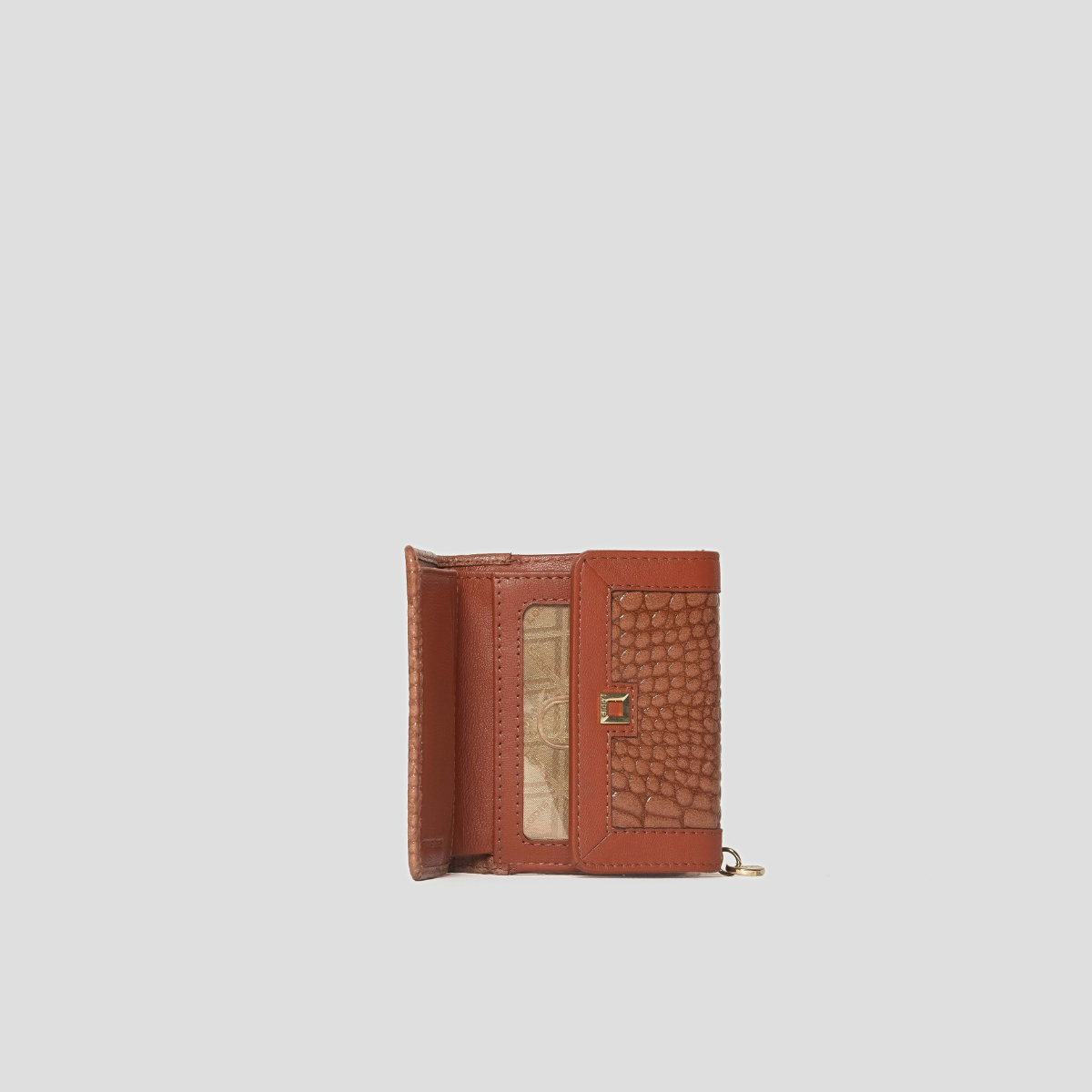 Lodis Amara French Purse in Chestnut - Partially Open Interior View Showing Card Slots, Clear ID Window and Croco-Embossed Inner Flap | Lodis 1965
