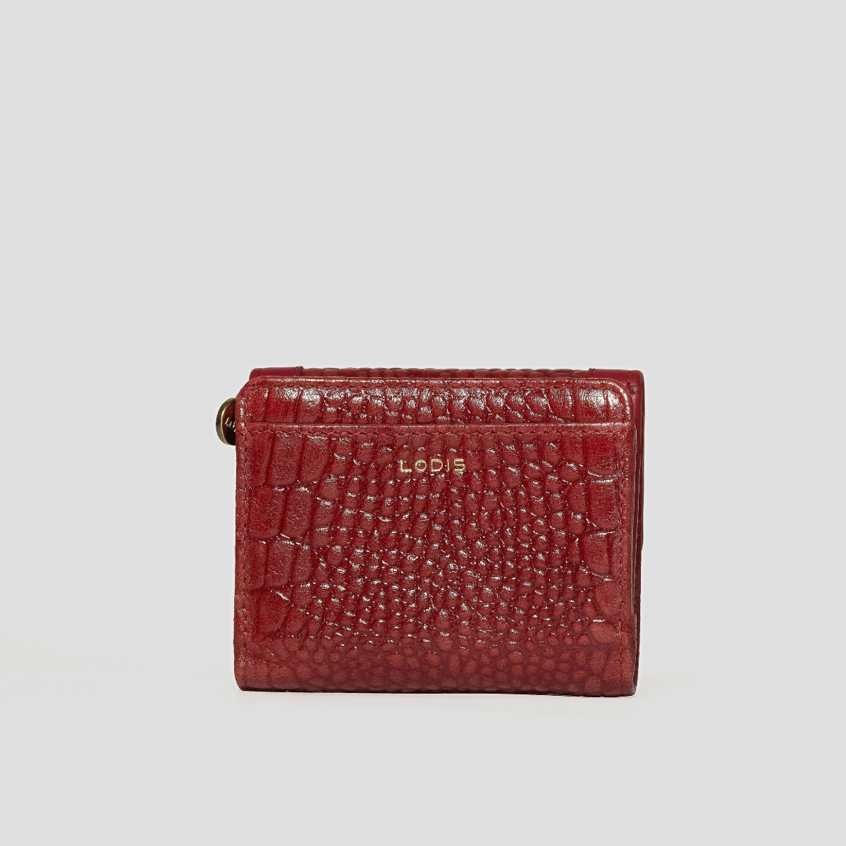 Lodis Amara French Purse in Samba - Back View Showing Deep Red Glossy Croco-Embossed Leather with Lodis Logo and Compact Trifold Shape | Lodis 1965