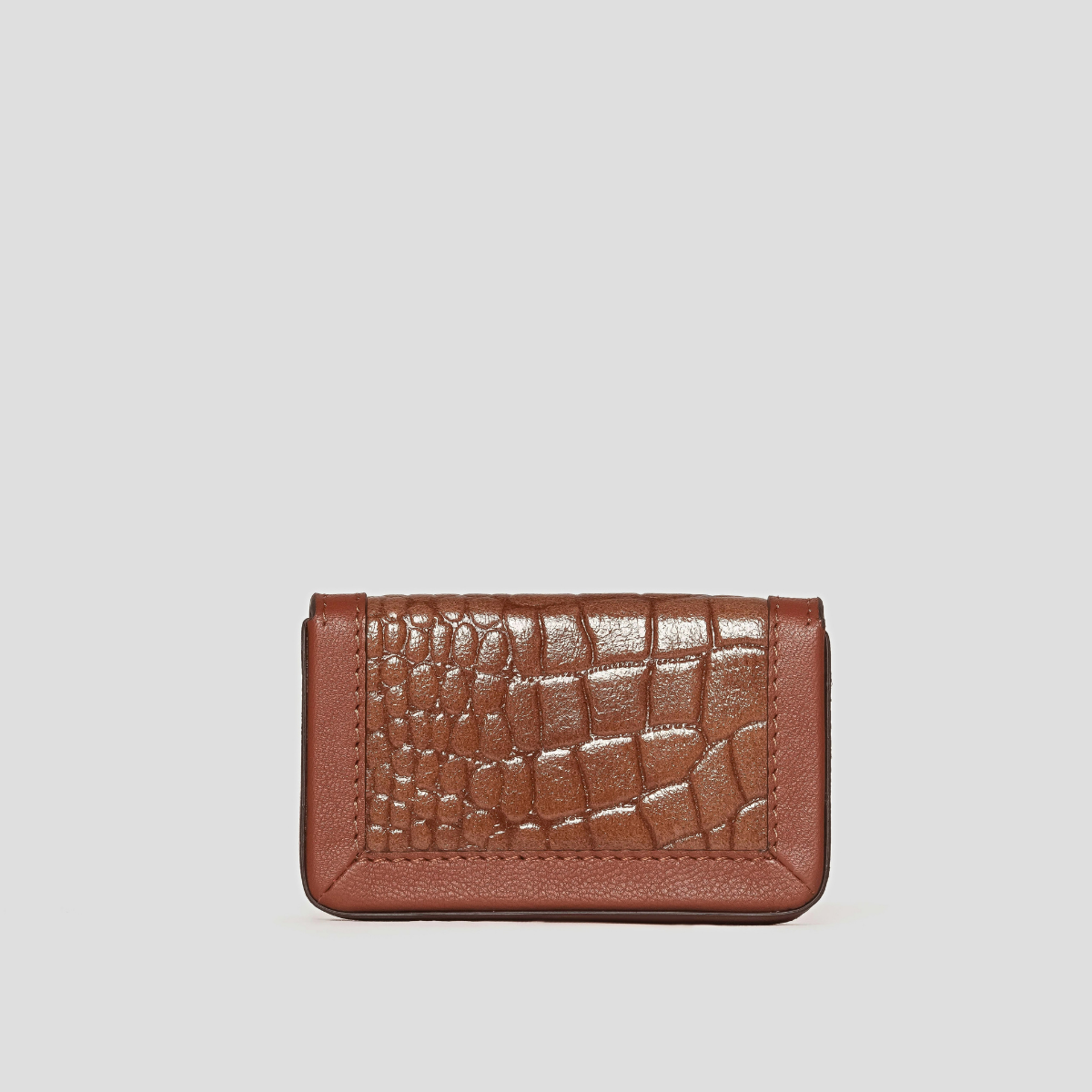 Lodis Amara Slim Card Wallet in Chestnut - Back View Showing Glossy Croco-Embossed Cognac Leather and Slim Fold-Over Profile | Lodis 1965