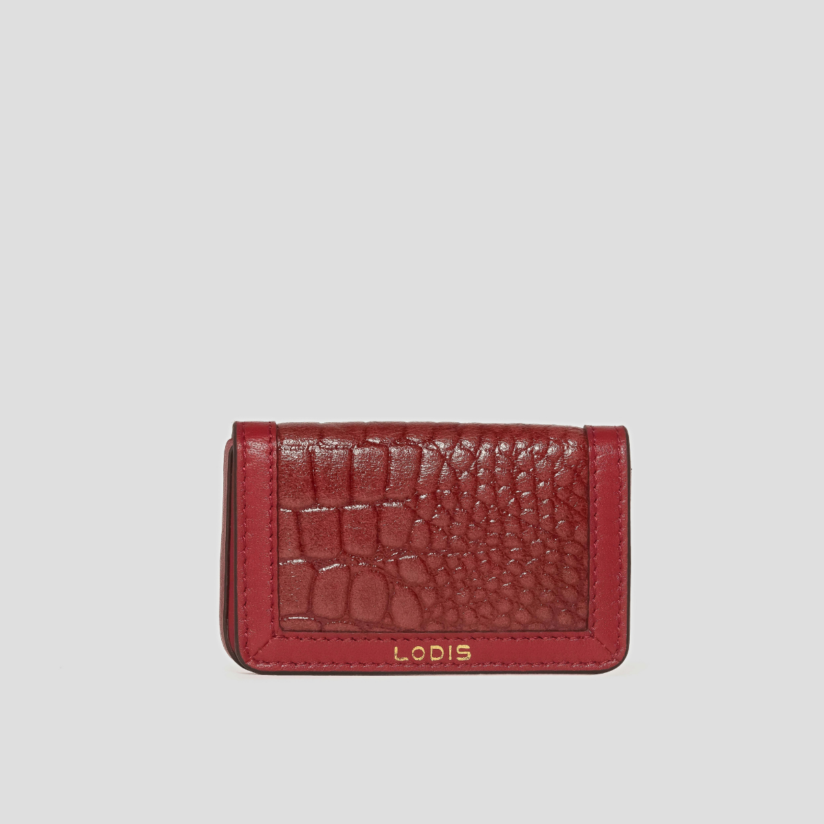 Lodis Amara Slim Card Wallet in Samba - Front View, Deep Red Glossy Croco-Embossed Leather Card Case with Smooth Texas Leather Trim and Gold Foil Lodis Logo | Lodis 1965