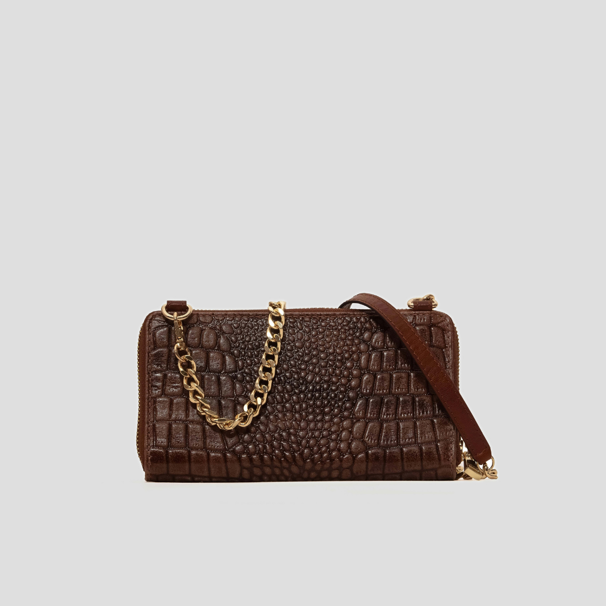 Lodis Amara Sling in Chestnut - Back View Showing Cognac Brown Glossy Croco-Embossed Leather with Gold-Tone Chain and Leather Strap | Lodis 1965