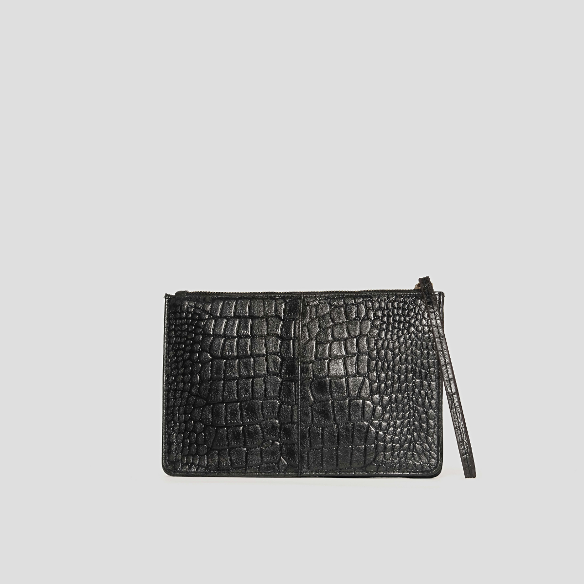 Lodis Amara Zip Pouch in Black - Back View Showing Black Glossy Croco-Embossed Leather with Center Seam and Wristlet Strap | Lodis 1965