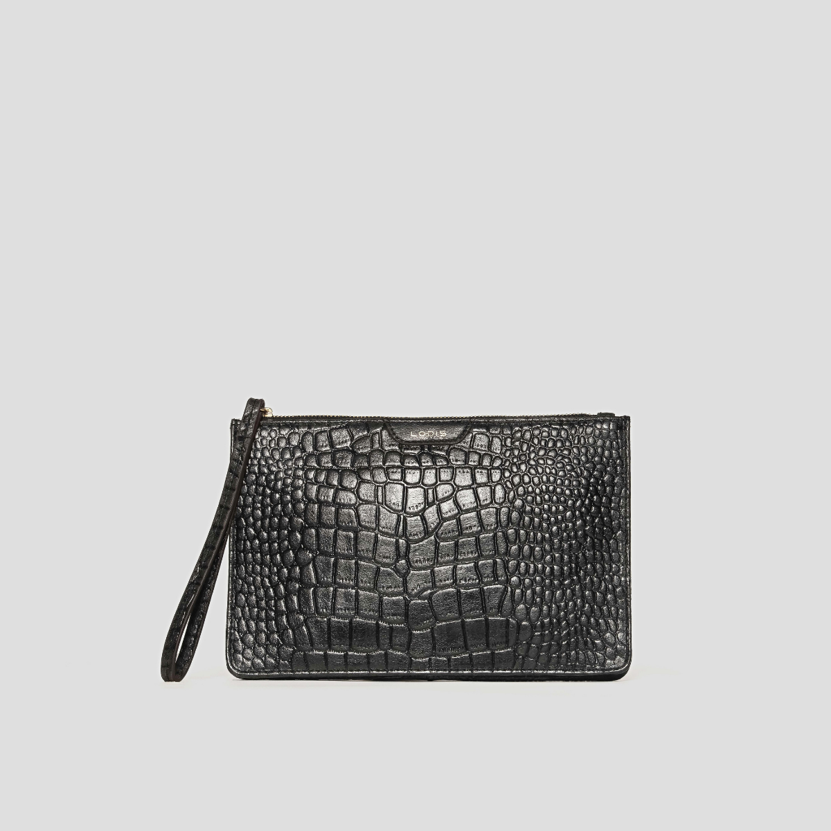 Lodis Amara Zip Pouch in Black - Front View, Black Glossy Croco-Embossed Leather Wristlet Pouch with Top Zip Closure and Detachable Wristlet Strap | Lodis 1965