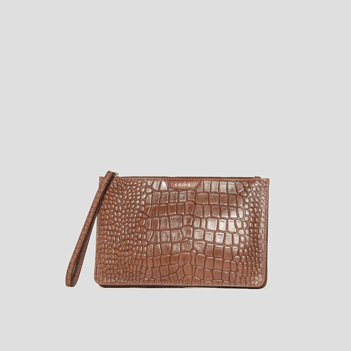 Lodis Amara Zip Pouch in Chestnut - Front View, Cognac Brown Glossy Croco-Embossed Leather Wristlet Pouch with Top Zip Closure and Detachable Wristlet Strap | Lodis 1965
