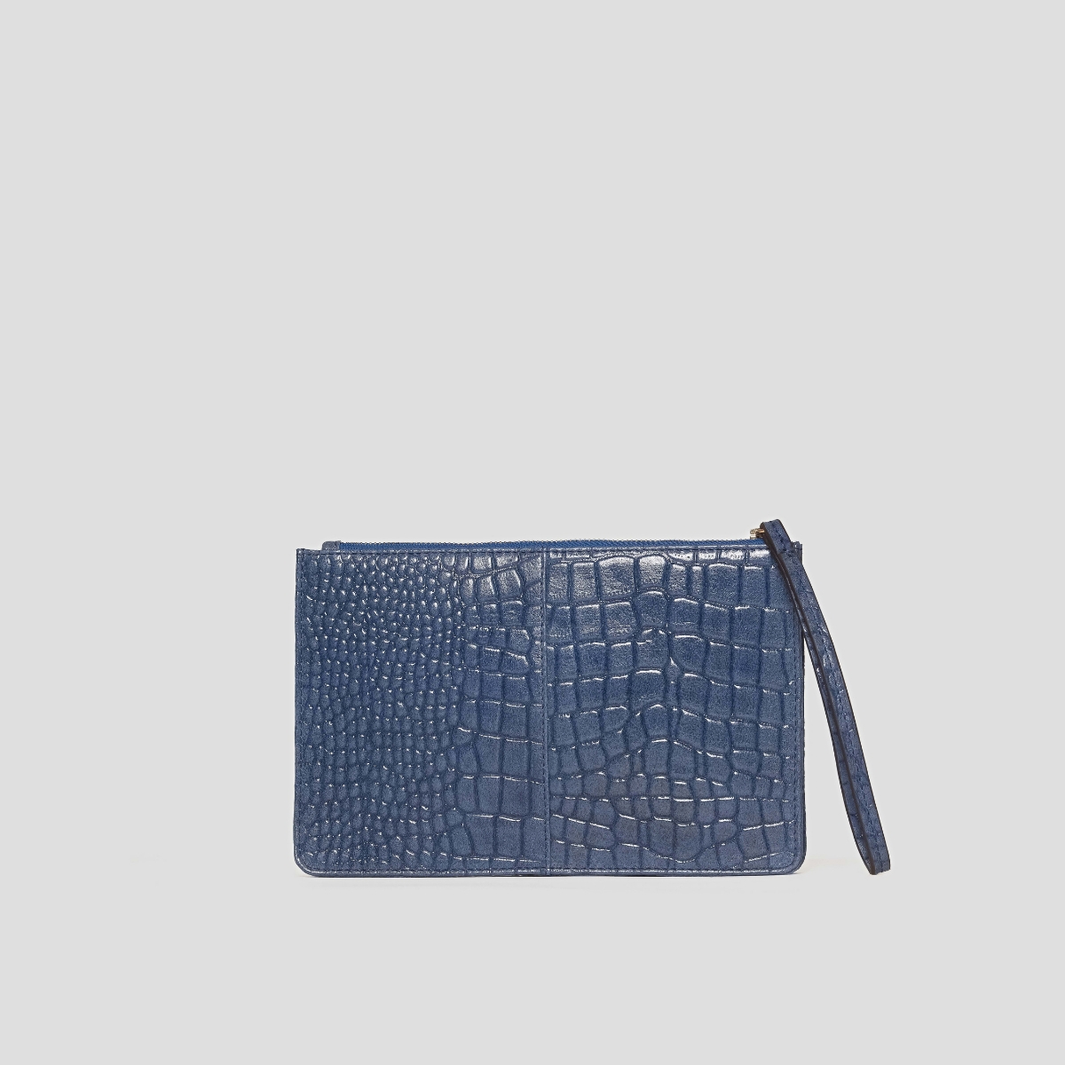 Lodis Amara Zip Pouch in Cobalt - Back View Showing Navy Blue Glossy Croco-Embossed Leather and Wristlet Strap | Lodis 1965