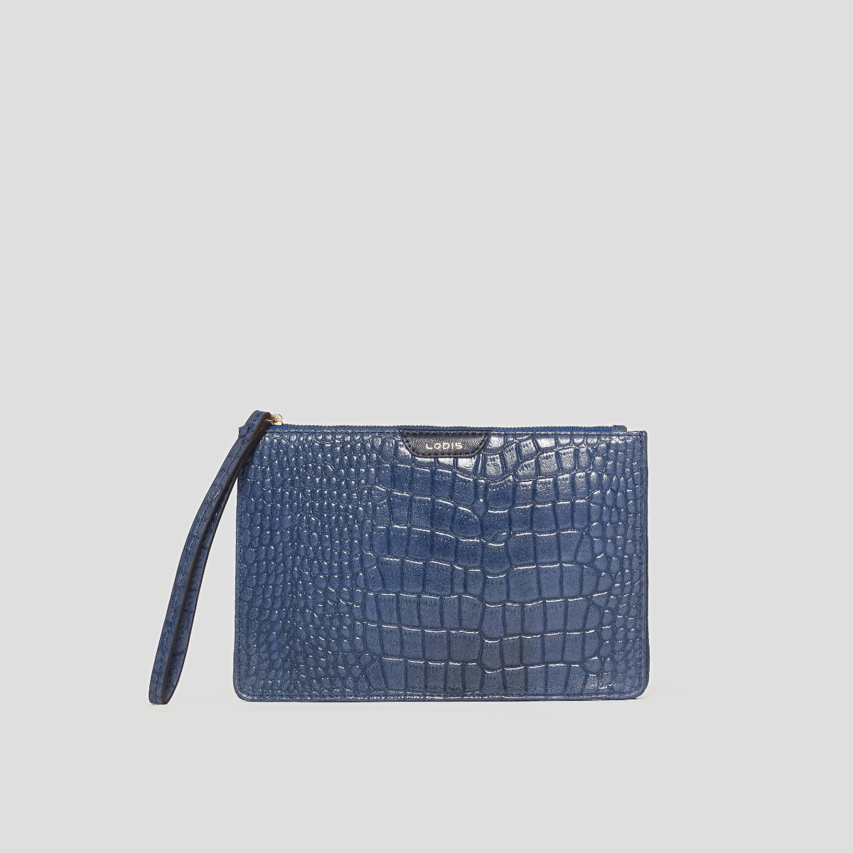 Lodis Amara Zip Pouch in Cobalt - Front View, Navy Blue Glossy Croco-Embossed Leather Wristlet Pouch with Top Zip Closure, Wristlet Strap and Gold Foil Lodis Logo Tab | Lodis 1965