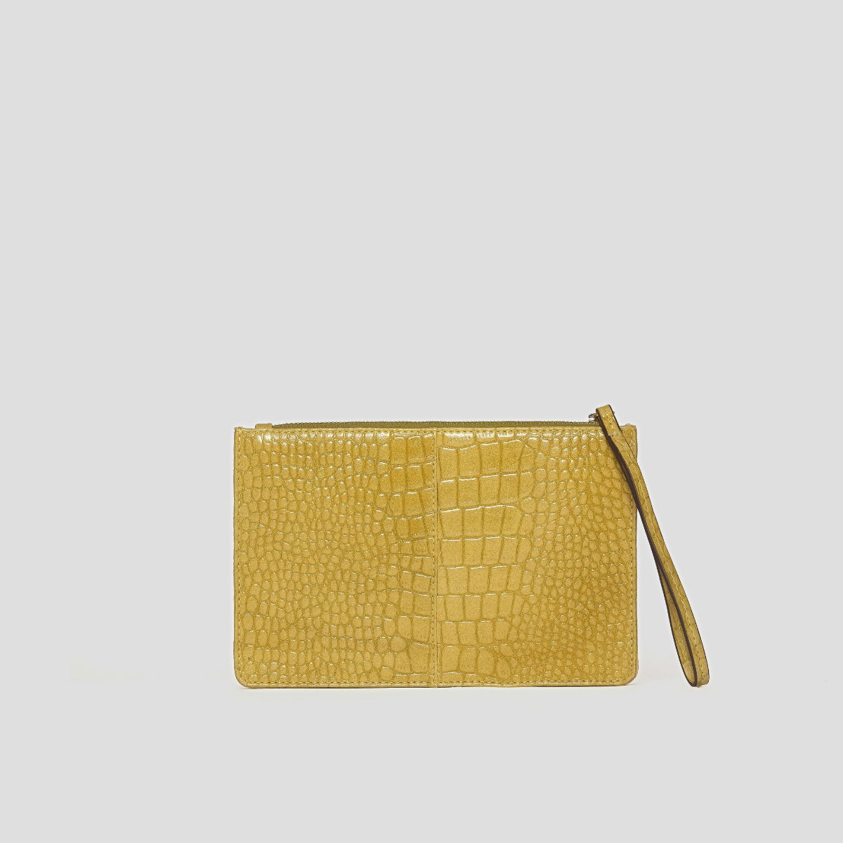 Lodis Amara Zip Pouch in Curry - Back View Showing Mustard Yellow Glossy Croco-Embossed Leather and Wristlet Strap | Lodis 1965