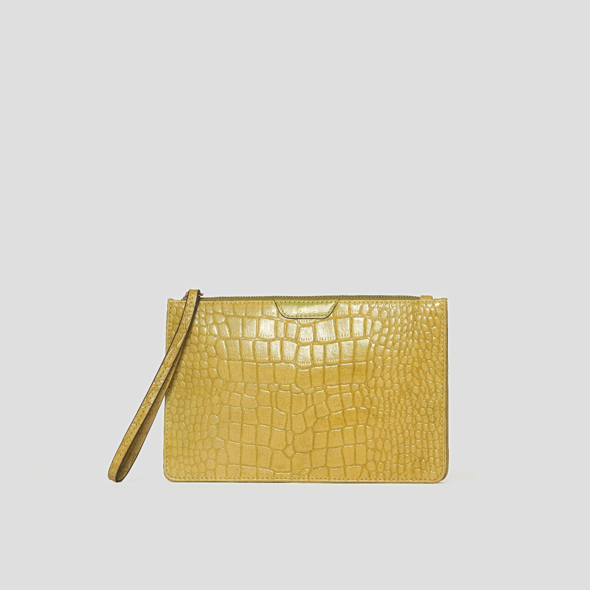Lodis Amara Zip Pouch in Curry - Front View, Mustard Yellow Glossy Croco-Embossed Leather Wristlet Pouch with Top Zip Closure, Wristlet Strap and Gold Foil Lodis Logo Tab | Lodis 1965