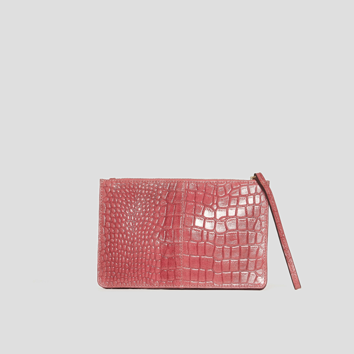 Lodis Amara Zip Pouch in Glossy Pink – Back View Showing Rose Pink Glossy Croco-Embossed Leather and Wristlet Strap | Lodis 1965