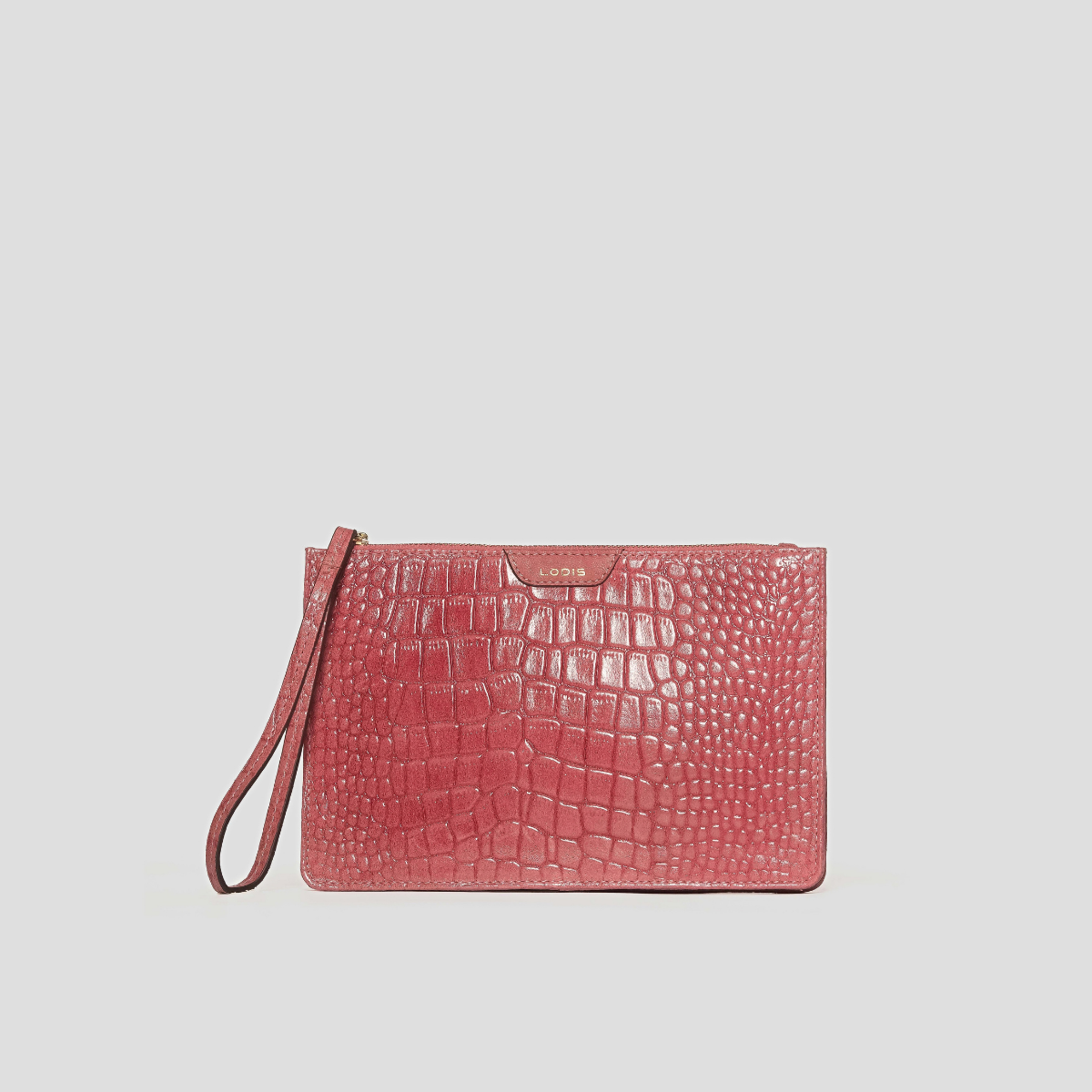 Lodis Amara Zip Pouch in Glossy Pink - Front View, Rose Pink Glossy Croco-Embossed Leather Wristlet Pouch with Top Zip Closure, Wristlet Strap and Gold Foil Lodis Logo Tab | Lodis 1965