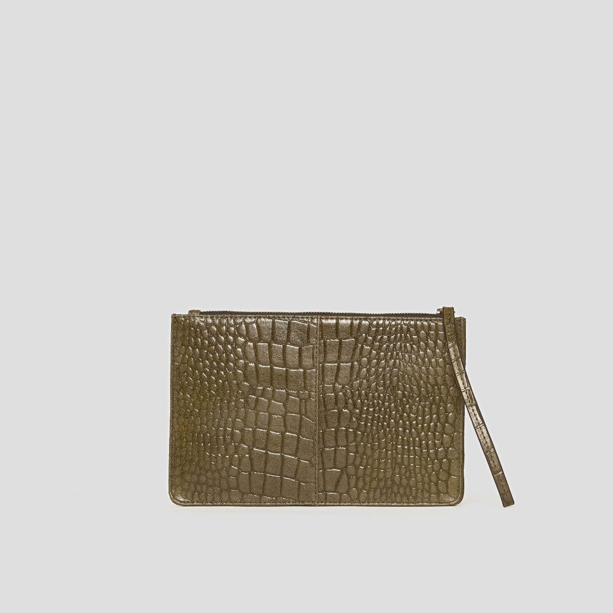 Lodis Amara Zip Pouch in Olivine - Back View Showing Olive Green Glossy Croco-Embossed Leather and Wristlet Strap | Lodis 1965