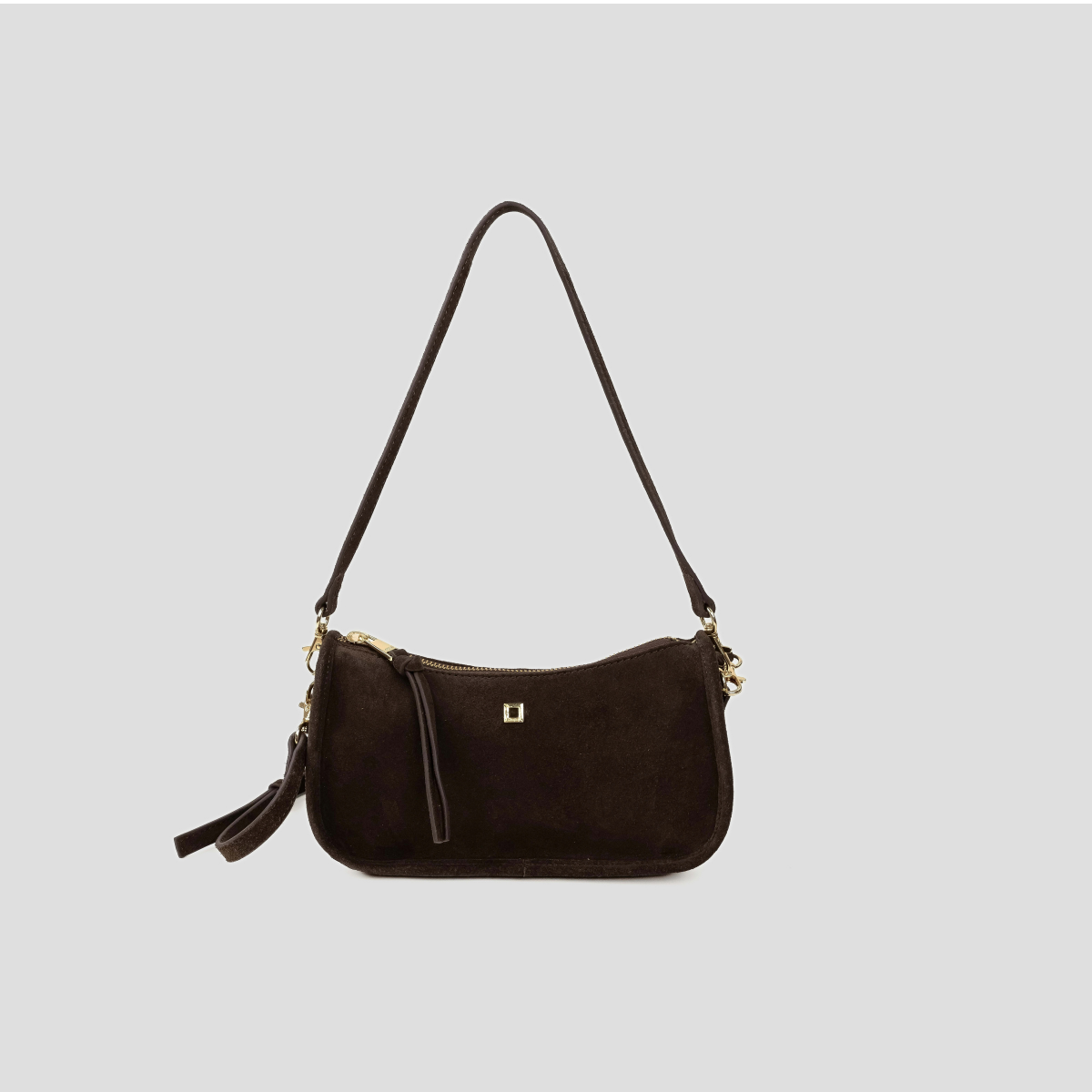Lodis Axis Crossbody in Brown - Front View, Dark Chocolate Brown Suede Shoulder Bag with Texas Leather Trim, Shoulder Strap, Leather Tassel Zip Pull and Gold-Tone Logo Plate | Lodis 1965