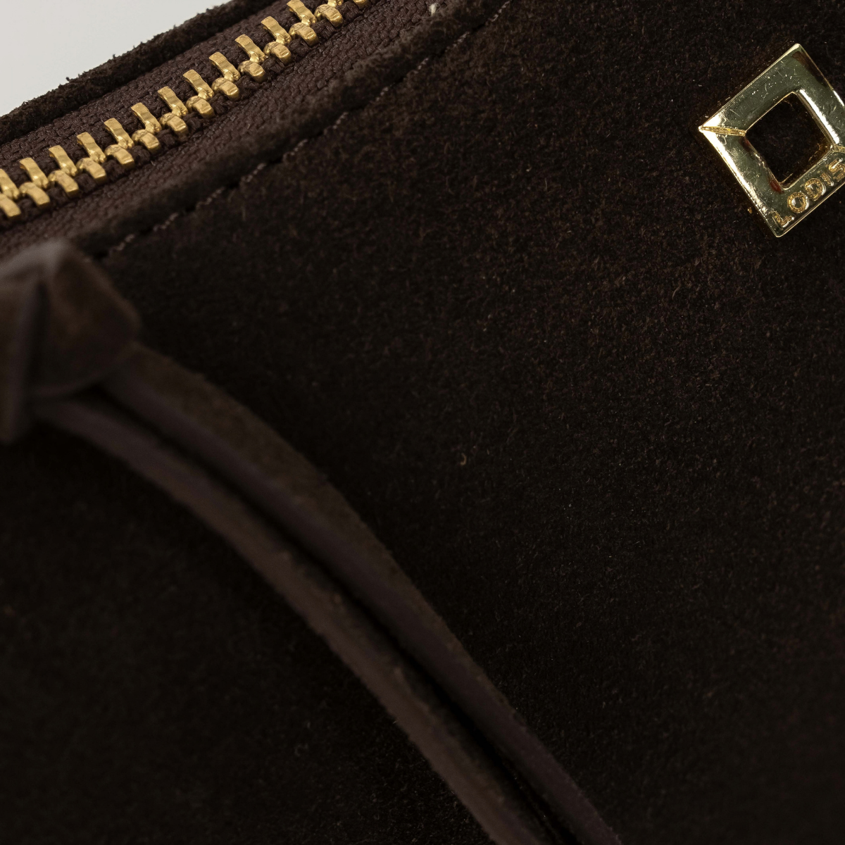 Lodis Axis Crossbody in Brown - Close-Up of Gold-Tone Square Logo Plate, Gold-Tone Zip and Leather Tassel on Dark Brown Suede | Lodis 1965