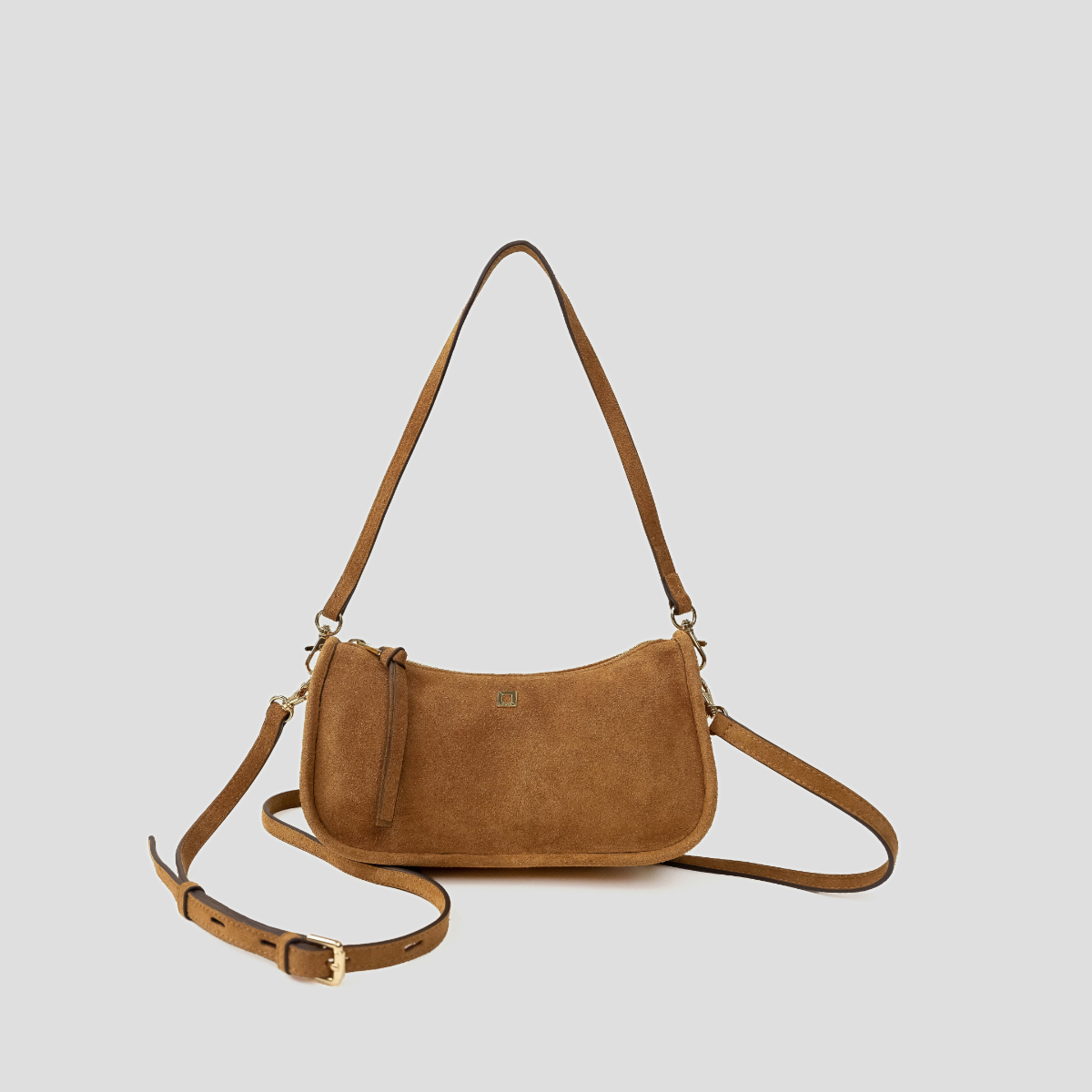 Lodis Axis Crossbody in Tan - Front View, Golden Tan Suede Shoulder Bag with Texas Leather Trim, Adjustable Crossbody Strap, Shoulder Strap and Gold-Tone Hardware | Lodis 1965