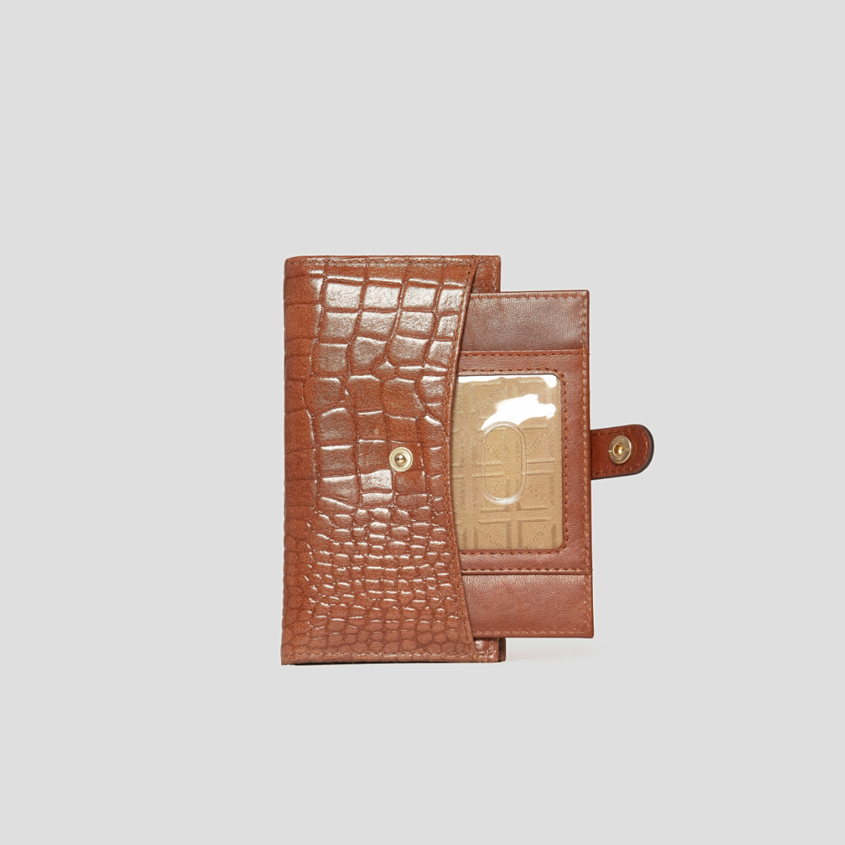 Lodis Blair Slim Wallet in Chestnut - Detail View with Inner Card Insert Pulled Out to Show Clear ID Window, Croco-Embossed Glazed Leather Shell and Gold-Tone Snap | Lodis 1965