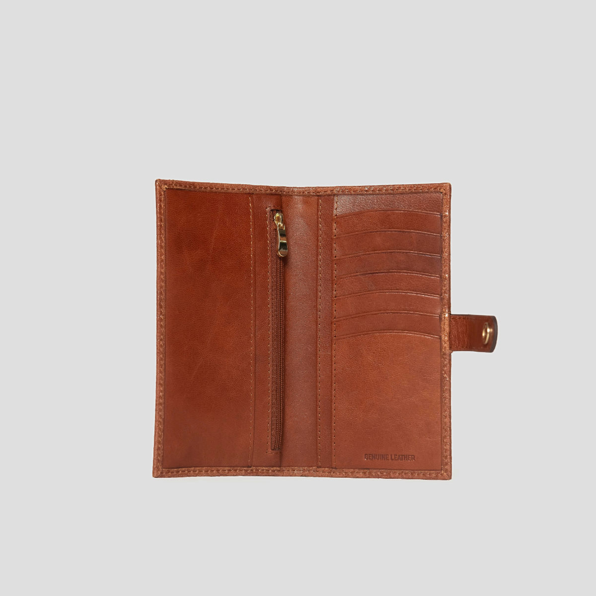 Lodis Blair Slim Wallet in Chestnut - Interior View Open Showing Eight Card Slots, Vertical Zip Pocket and Bill Compartment in Smooth Chestnut Leather | Lodis 1965