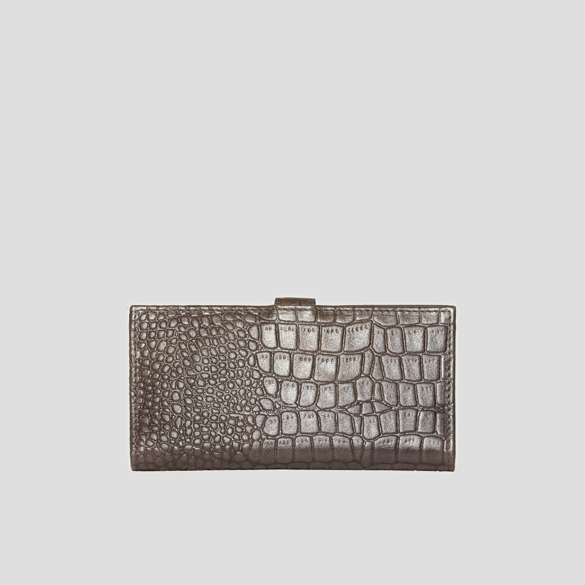 Lodis Blair Slim Wallet in Olivine - Back View Showing Glossy Croco-Embossed Glazed Leather with Mixed Scale Texture and Top Snap-Tab Edge | Lodis 1965