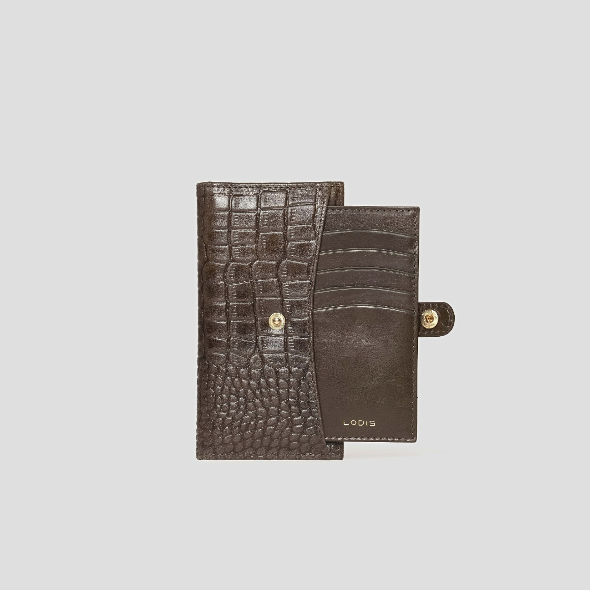 Lodis Blair Slim Wallet in Olivine - Inner Card Insert Pulled Out Showing Card Slots and Debossed Lodis Logo, Croco-Embossed Glazed Leather Shell with Gold-Tone Snap | Lodis 1965