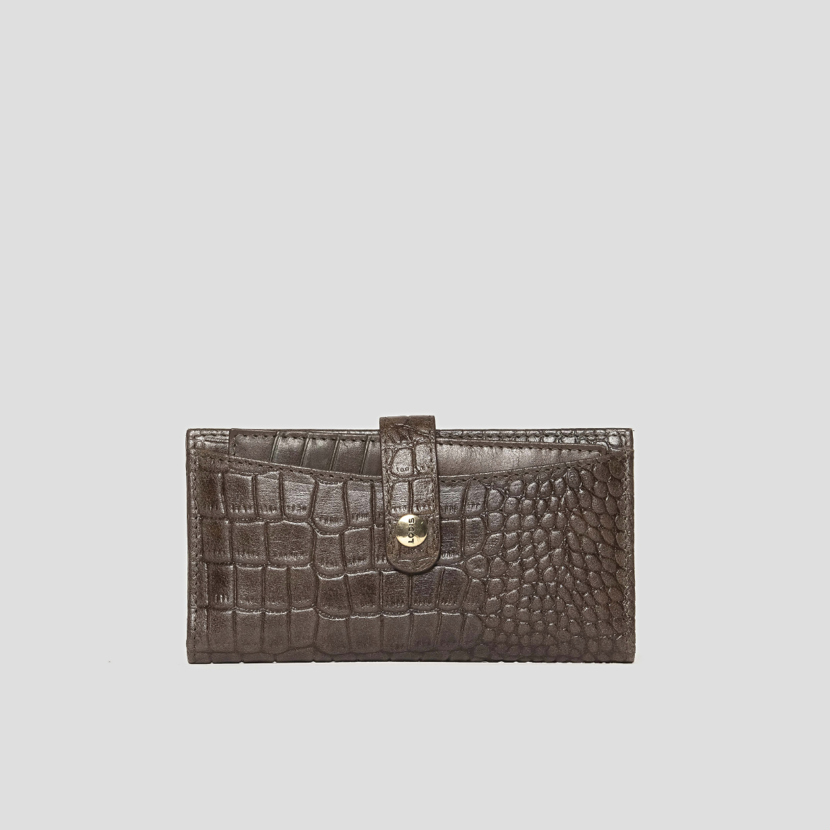 Lodis Blair Slim Wallet in Olivine - Front View, Deep Olive Glossy Croco-Embossed Glazed Leather Slim Wallet with Snap-Tab Closure and Gold-Tone Logo Snap | Lodis 1965