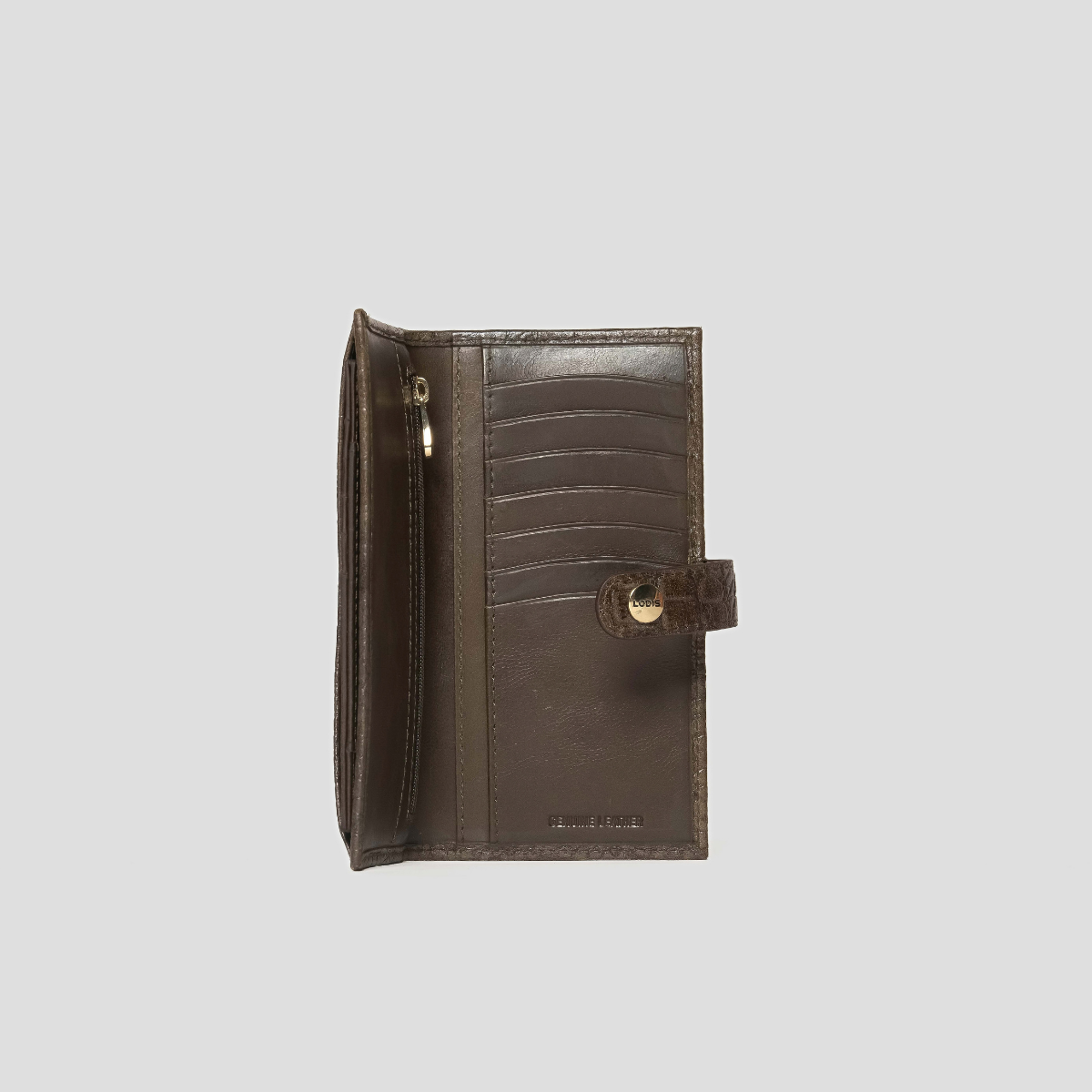 Lodis Blair Slim Wallet in Olivine - Three-Quarter Interior View Partially Open Showing Card Slots, Zip Pocket and Snap-Tab Closure with Gold-Tone Lodis Snap | Lodis 1965