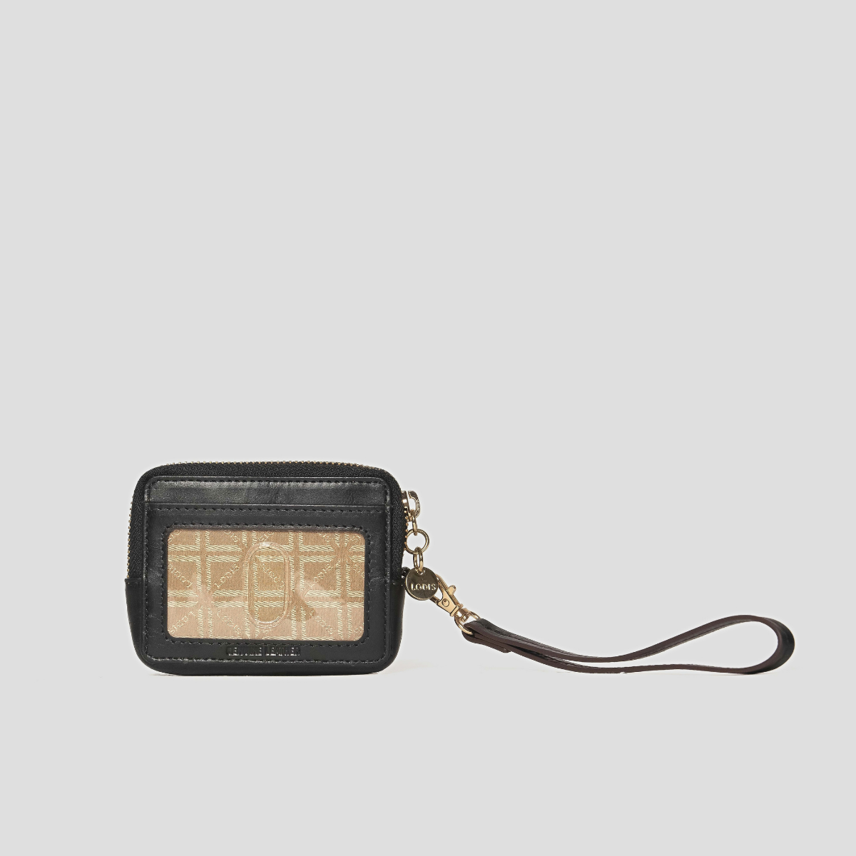 Lodis Blair Trouble Card Case in Black - Back View Showing Clear ID Window with Lodis Monogram Insert, Black Glazed Leather Frame, Coin Charm and Wristlet Strap | Lodis 1965