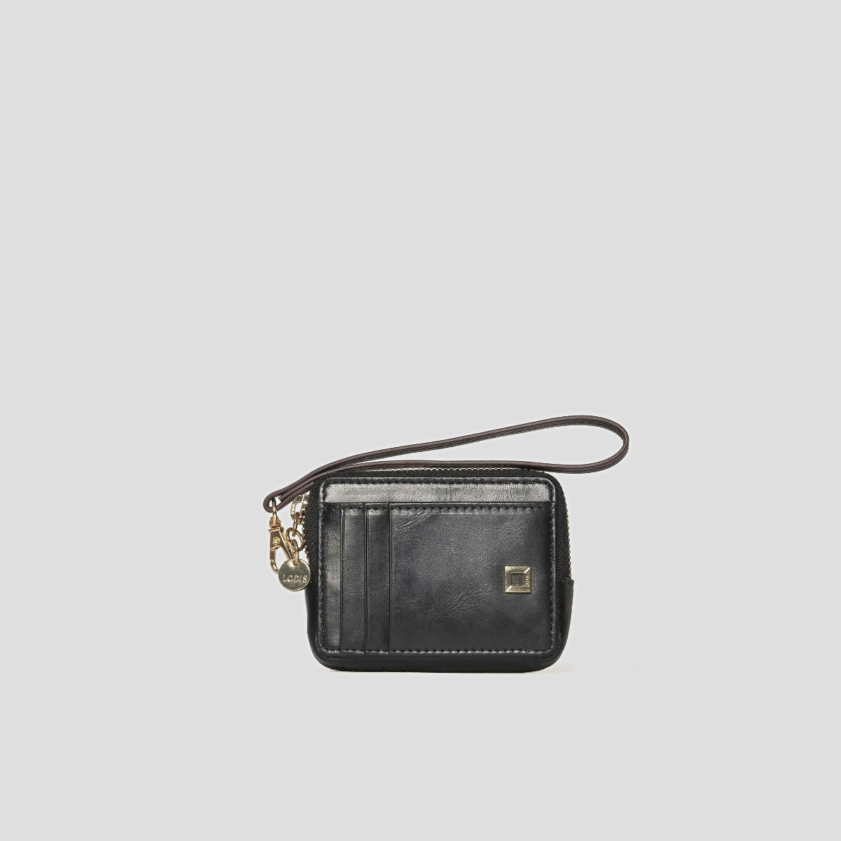 Lodis Blair Trouble Card Case in Black - Front View, Black Glazed Leather Zip Card Case with Wristlet Strap, Exterior Card Slots, Gold-Tone Logo Plate and Coin Charm | Lodis 1965