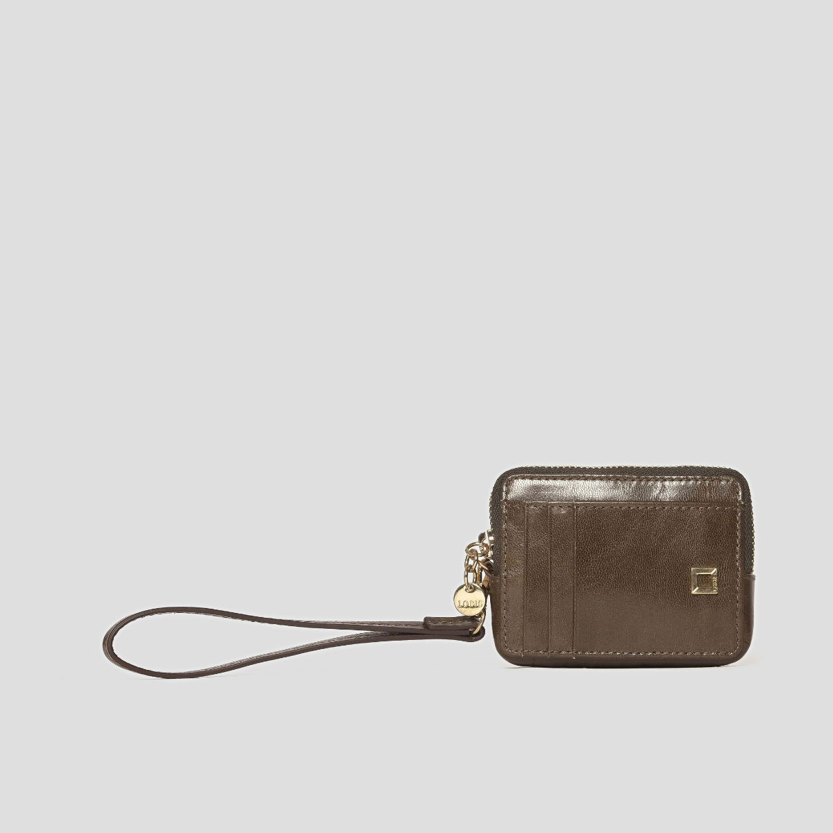 Lodis Blair Trouble Card Case in Olivine - Front View with Wristlet Strap Extended, Olive Green Glazed Leather with Zip-Around Closure, Gold-Tone Logo Plate and Coin Charm | Lodis 1965