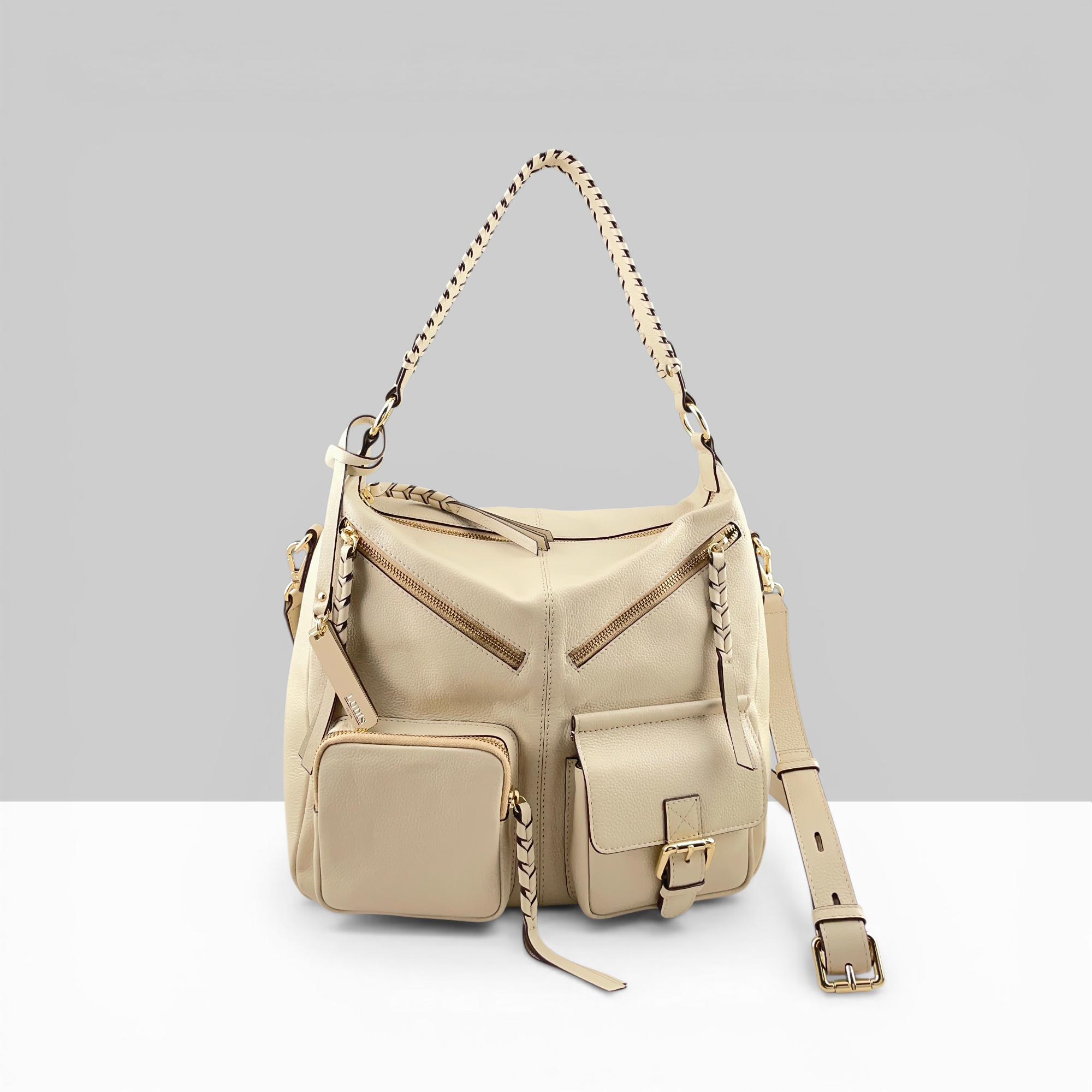 Lodis Catalina 2.0 Hobo in Sand – Front View, Drum Dyed Pebbled Leather with Braided Handle, Gold-Tone Zippers and Adjustable Crossbody Strap | Lodis 1965