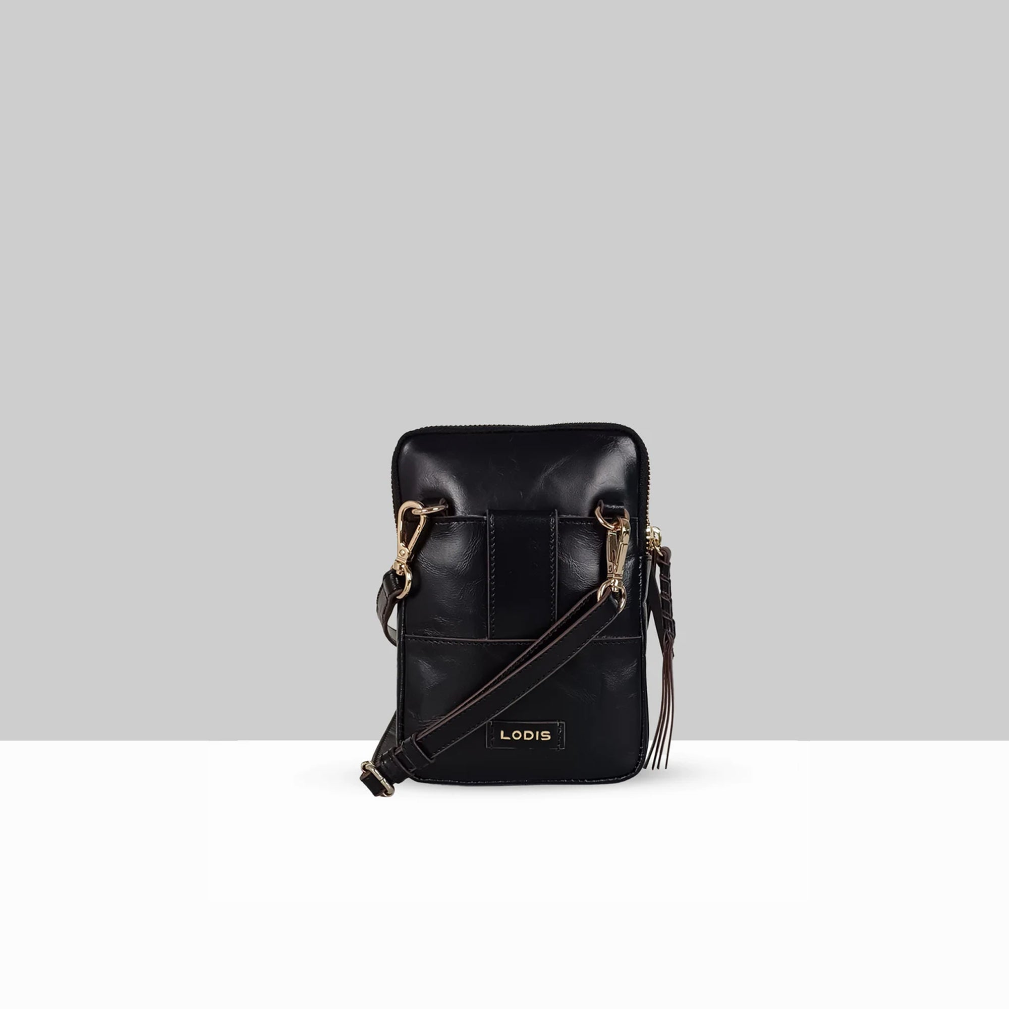 Lodis Catalina 2.0 Phone Crossbody in Black – Back View Showing Smooth Leather, Embossed Lodis Logo Plate, and Gold-Tone Lobster Clip Hardware | Lodis 1965