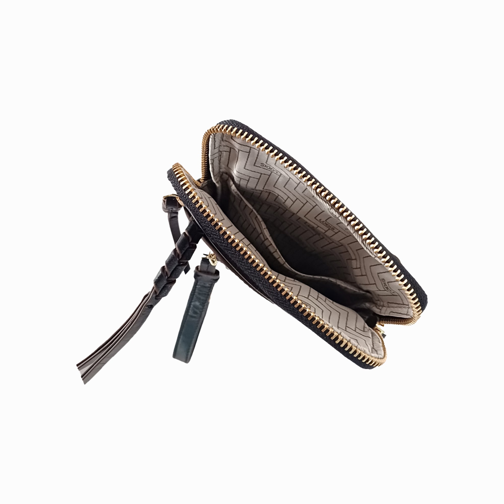 Lodis Catalina 2.0 Phone Crossbody in Black – Interior View Showing Herringbone Lining, Interior Compartments, and Gold-Tone Full-Length Zip | Lodis 1965