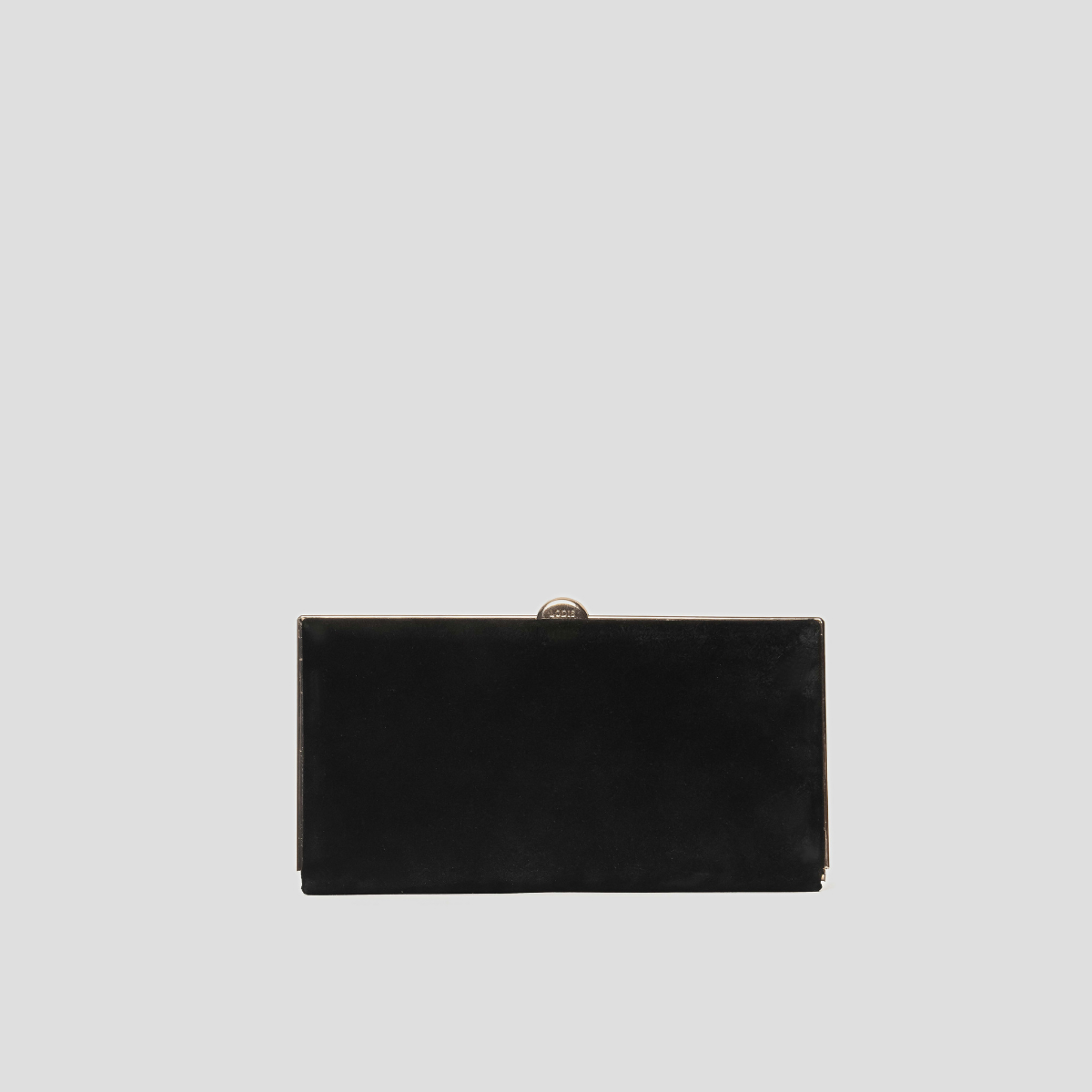 Lodis Celara Frame Clutch in Black - Front View, Black Texas Suede Framed Wallet Clutch with Slim Gold-Tone Frame and Top Clasp | Lodis 1965