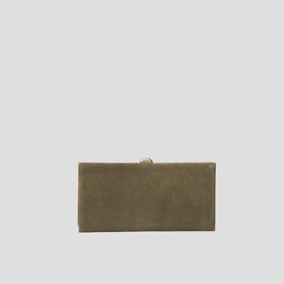 Lodis Celara Frame Clutch in Olivine - Front View, Olive Green Texas Suede Framed Wallet Clutch with Gold-Tone Top Clasp | Lodis 1965