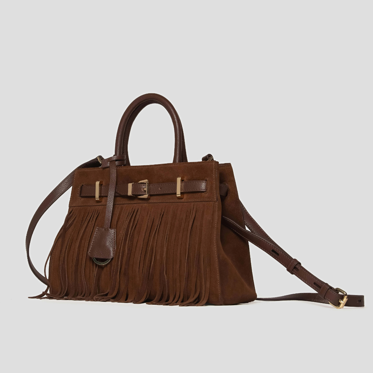 Lodis Ceres Satchel in Brown - Three-Quarter View Showing Structured Shape, Fringe Suede Body, Rolled Top Handle and Crossbody Strap | Lodis 1965
