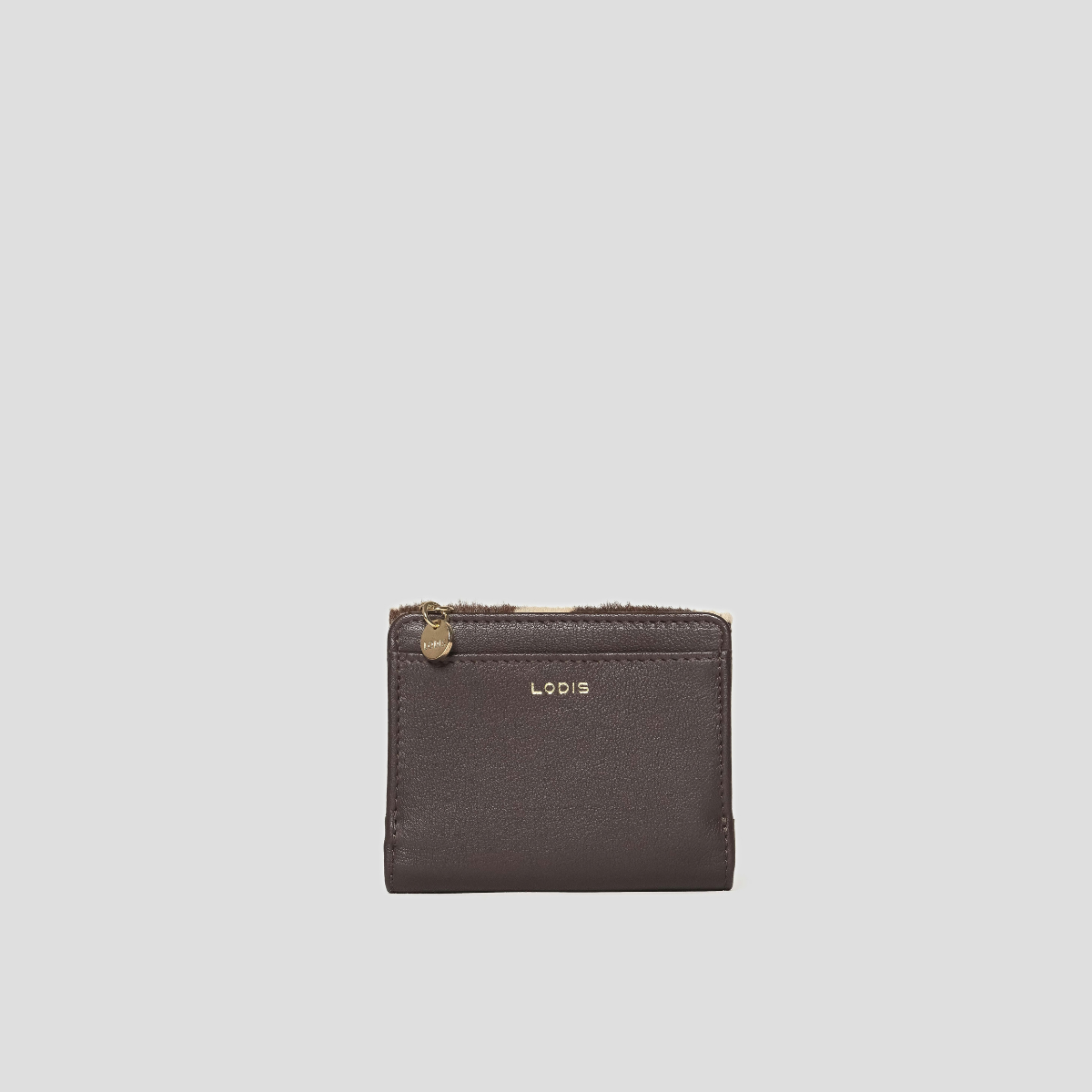 Lodis Graze French Purse in Haircalf - Back View Showing Dark Brown Texas Leather with Gold-Tone Zip Pocket and Gold Foil Lodis Logo | Lodis 1965