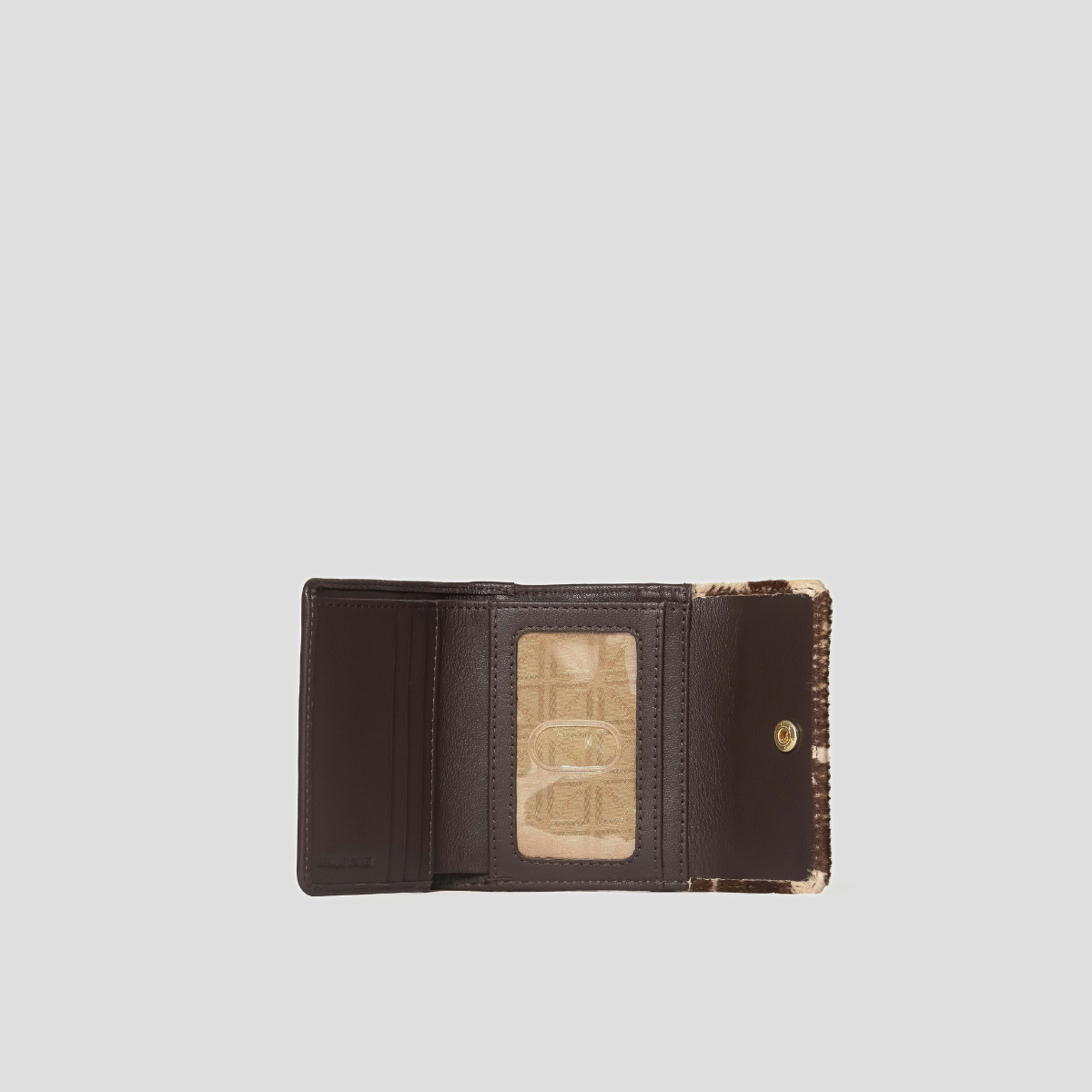 Lodis Graze French Purse in Haircalf - Interior View Open Flat Showing Clear ID Window, Card Slots and Snap Closure in Smooth Dark Brown Texas Leather | Lodis 1965