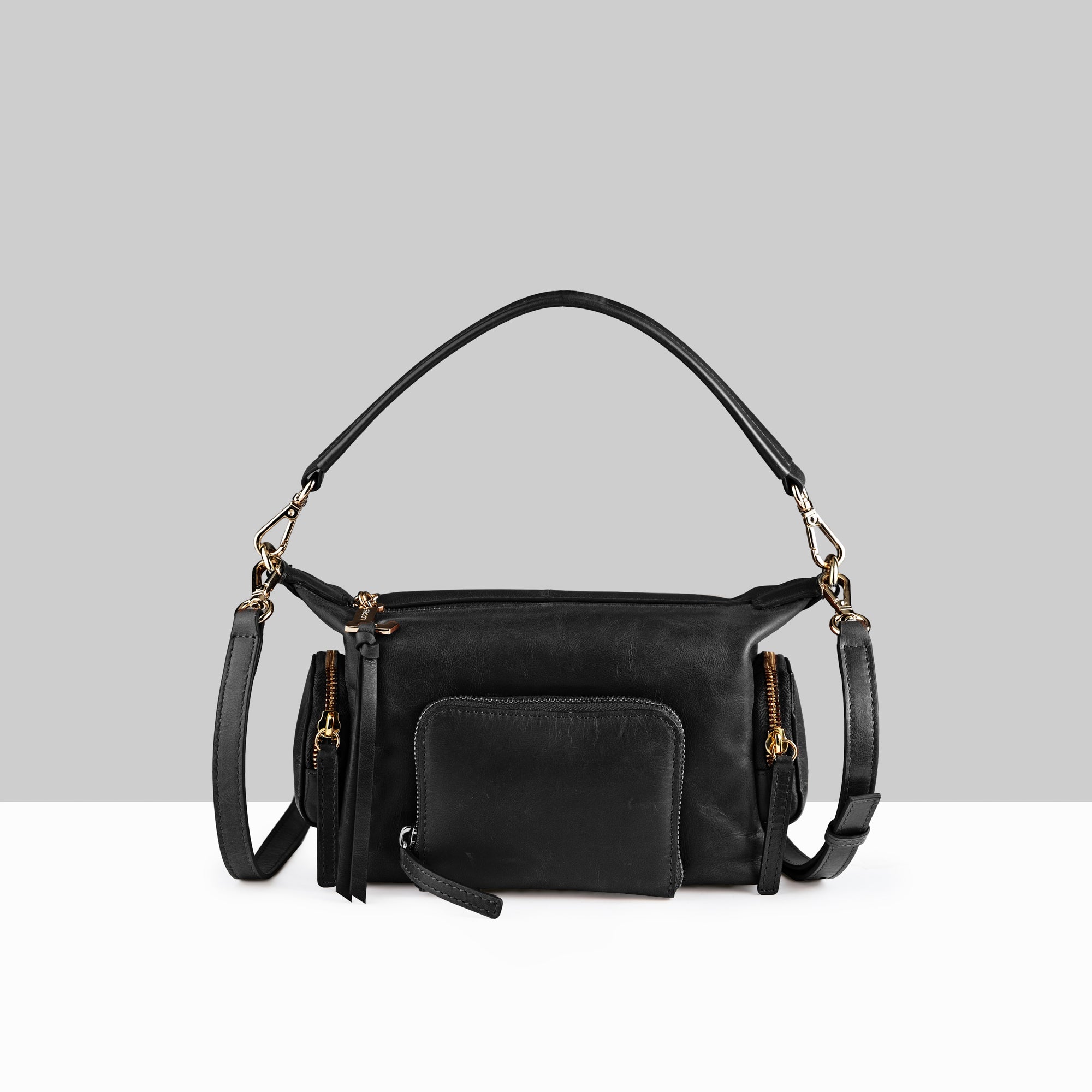 Lodis Jill TH Crossbody in Black – Front View, Polished Genuine Leather with Front Zip Pocket and Gold-Tone Hardware | Lodis 1965
