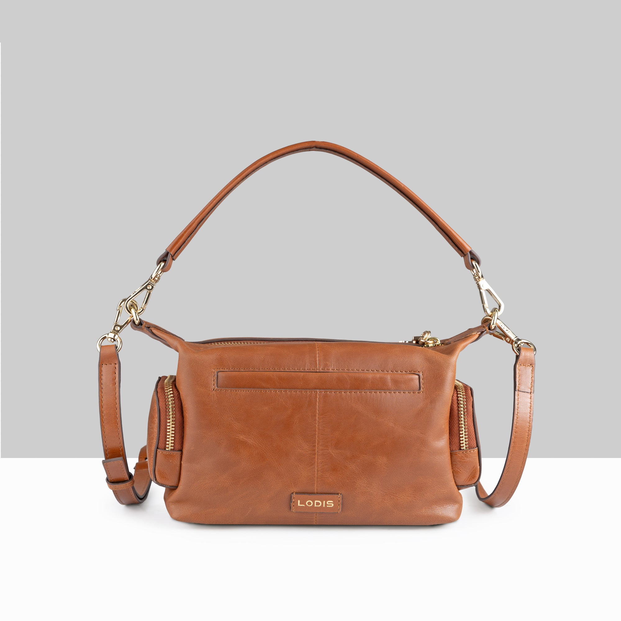 Lodis Jill TH Crossbody in Chestnut – Back View, Polished Genuine Leather with Lodis Logo Plate and Adjustable Crossbody Strap | Lodis 1965