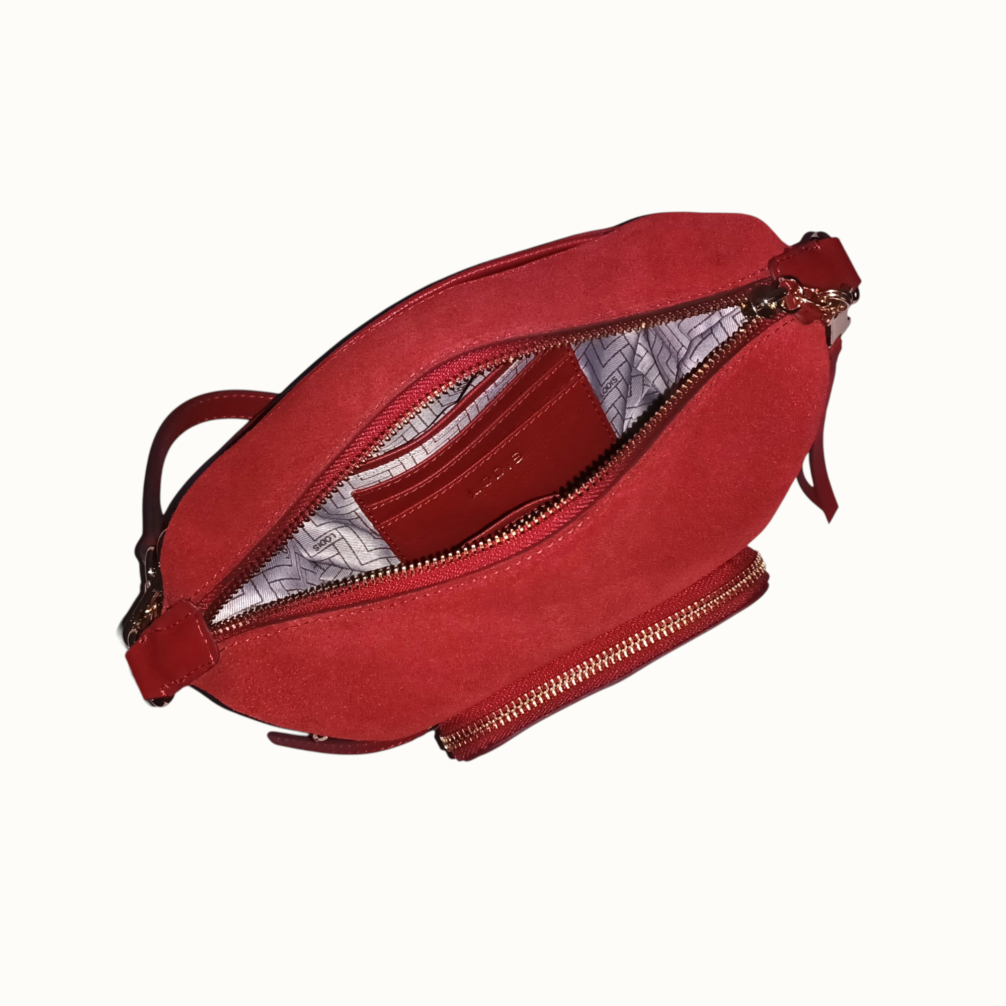 Lodis Jill TH Crossbody in Rhythmic Red – Interior View, Printed Fabric Lining with Card Slots and Zip Pocket | Lodis 1965