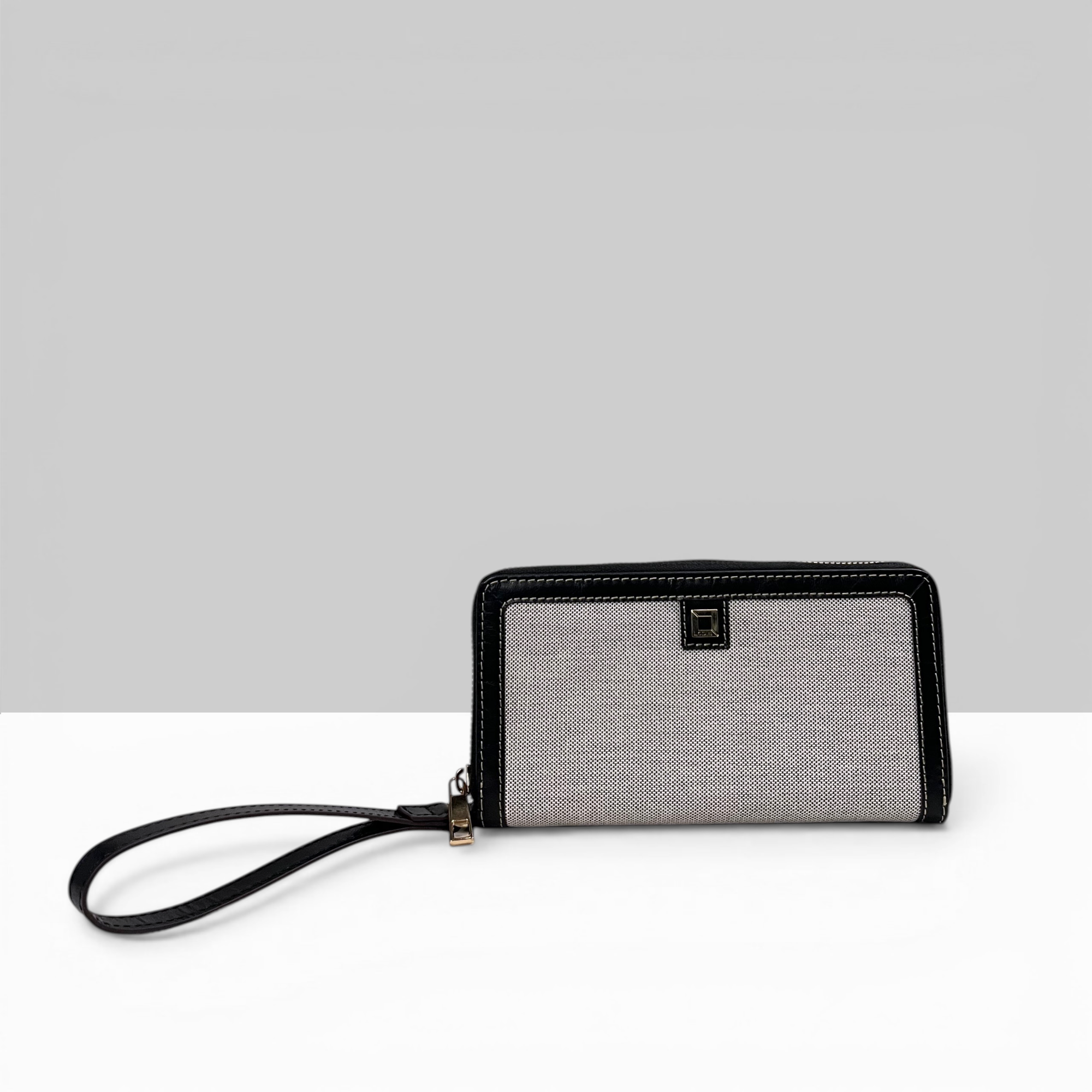 Lodis Kiara Continental Zip Wallet in Black – Front View, Blended Fabric Body with Black Leather Trim and Wristlet Strap, RFID Protected | Lodis 1965