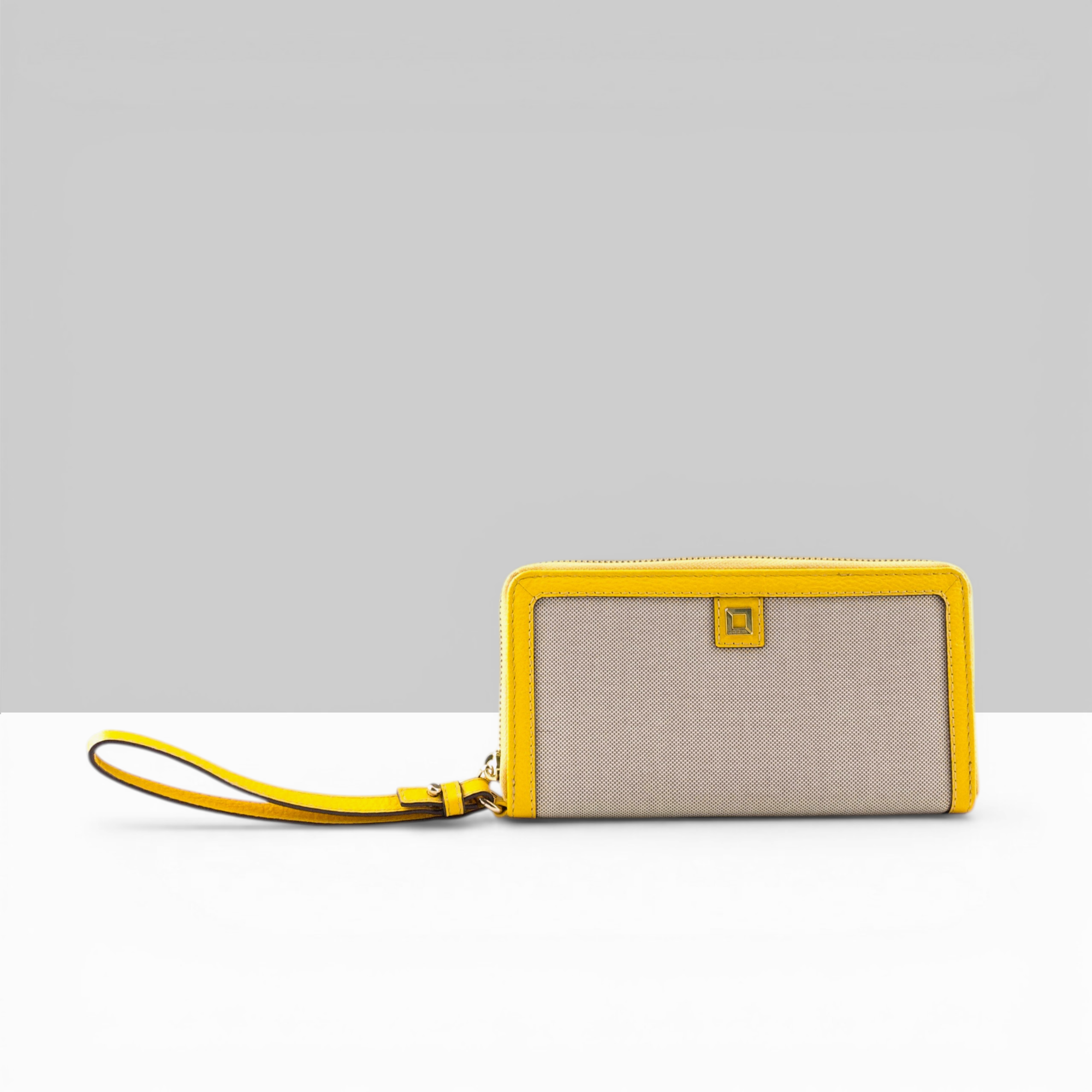 Lodis Kiara Continental Zip Wallet in Curry – Front View, Blended Fabric Body with Curry Leather Trim and Wristlet Strap, RFID Protected | Lodis 1965