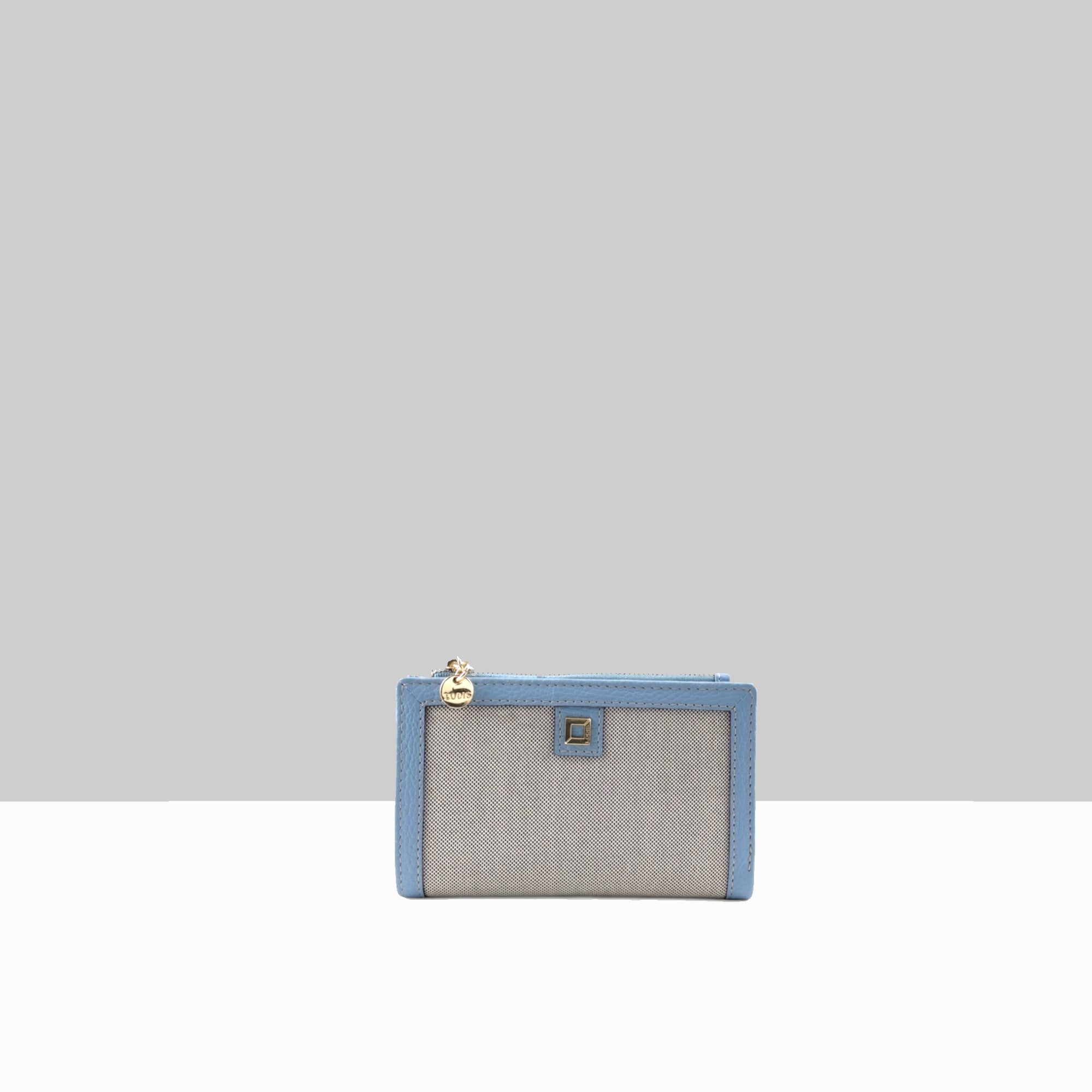 Lodis Kiara French Purse in Aura – Front View, Blended Fabric Body with Blue Leather Trim and Gold-Tone Zip, RFID Protected | Lodis 1965