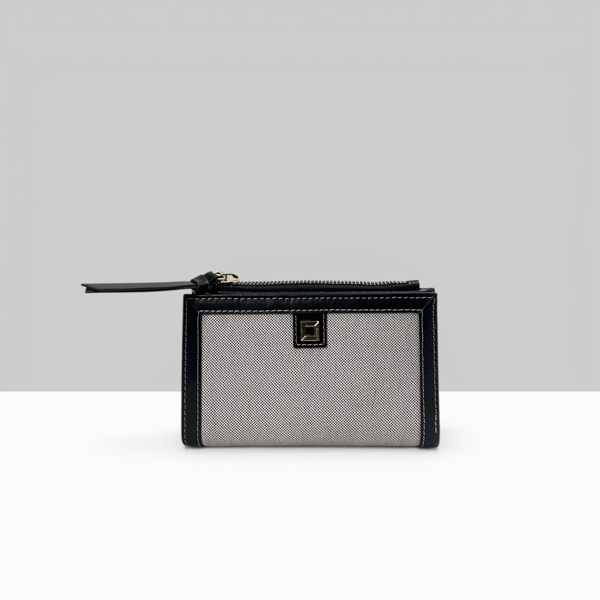 Lodis Kiara French Purse in Black – Front View, Blended Fabric Body with Black Leather Trim and Gold-Tone Zip, RFID Protected | Lodis 1965