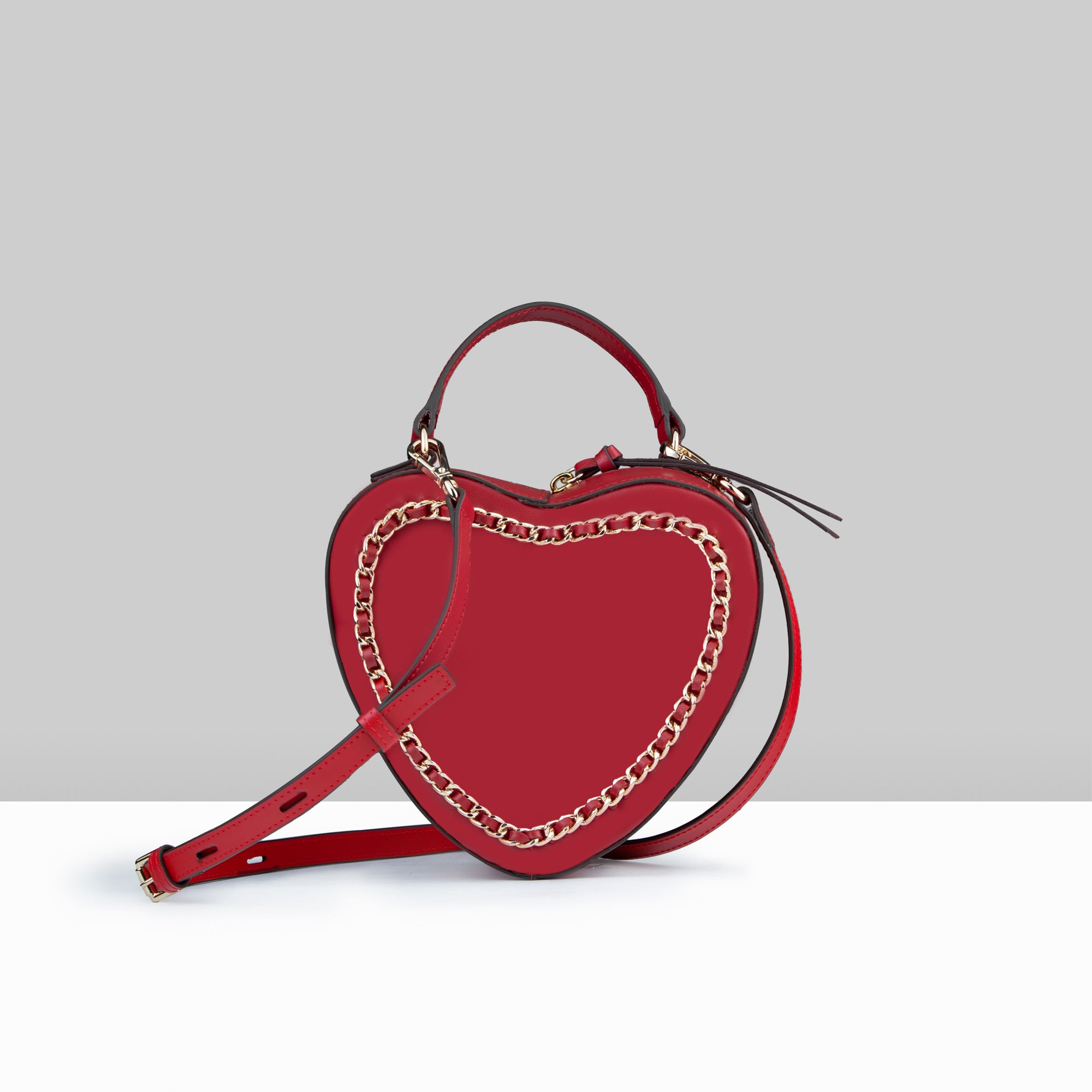 Lodis Love Crossbody Bag 2.0 in Rhythmic Red – Front View, Heart-Shaped Premium Smooth Leather with Gold Metallic Chain Trim and Adjustable Strap | Lodis 1965