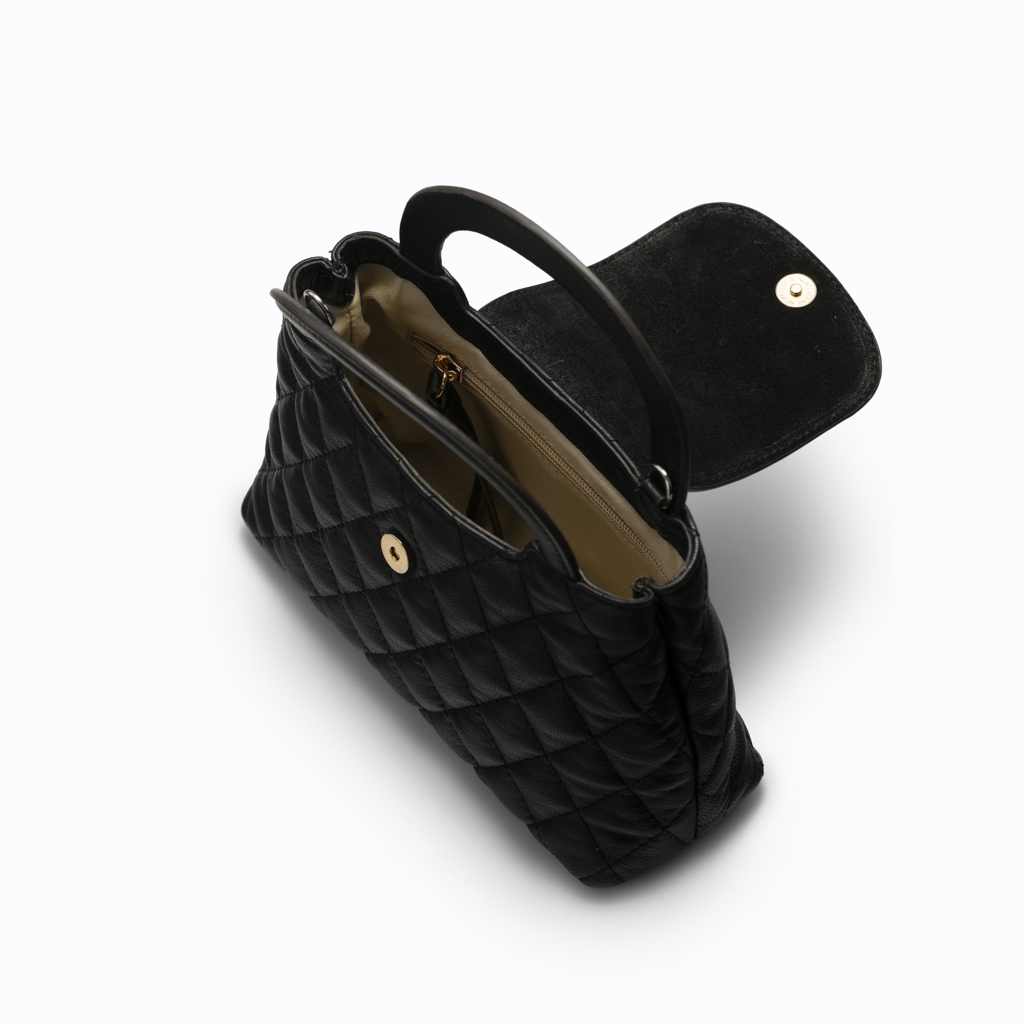 Lodis Mini Quilted Satchel in Black – Interior View with Flap Open Showing Main Compartment and Zip Pocket | Lodis 1965